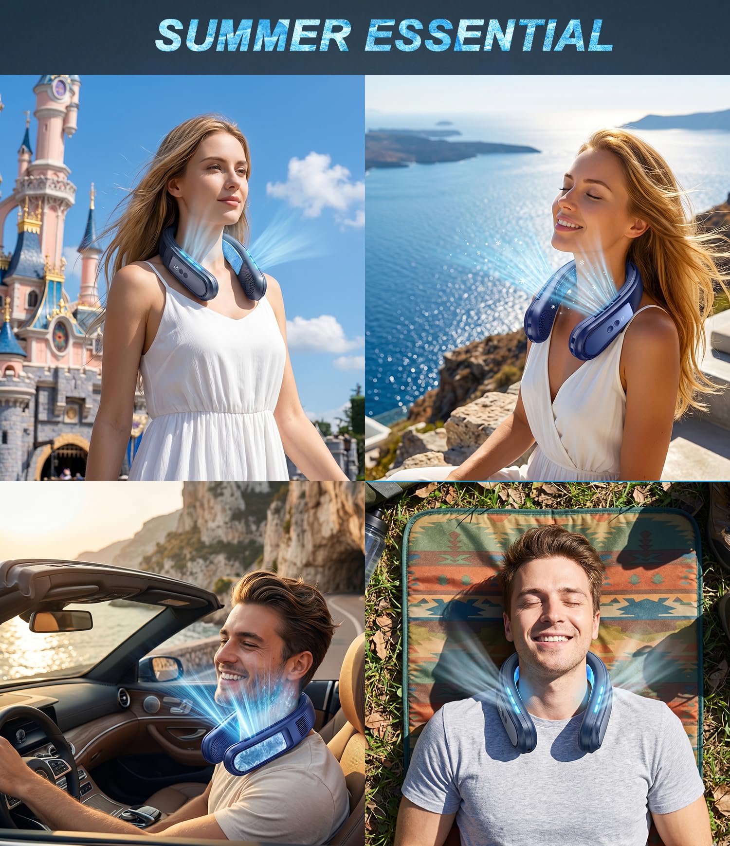 Ventilador de Cuello Portatil con 2 Placas de Enfriamiento de Hielo, Ventilador Cuello Aire Acondicionado Portatil Silencioso, Neck Fan Sopla Aire Frío para Viaje Playa Oficina Mujeres Hombres