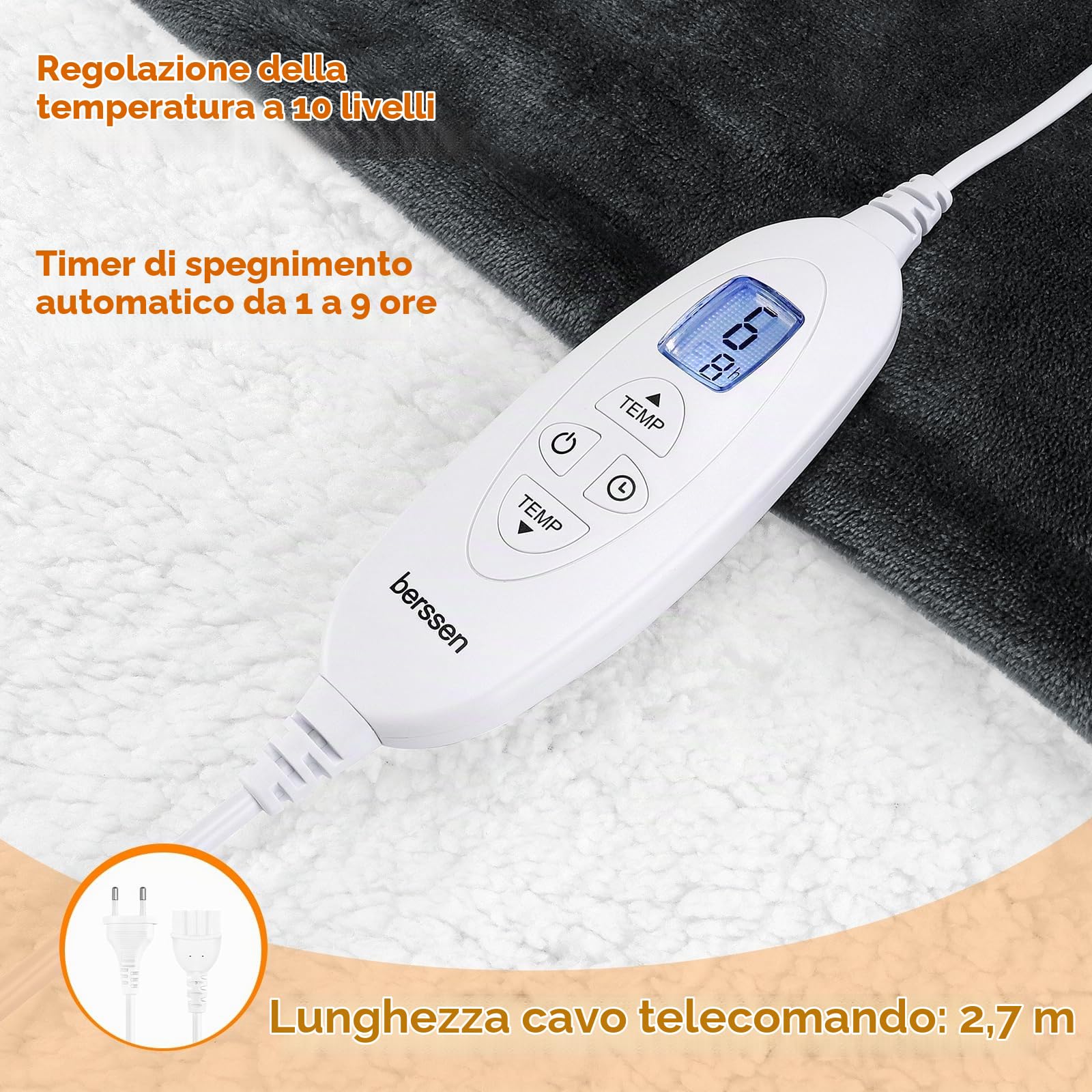 berssen Coperta Elettrica con Spegnimento Automatico, 6 livelli di Riscaldamento, 1–9 Ore, Protezione da Surriscaldamento, Coperta Elettrica per Casa e Ufficio, 130 x 180 cm
