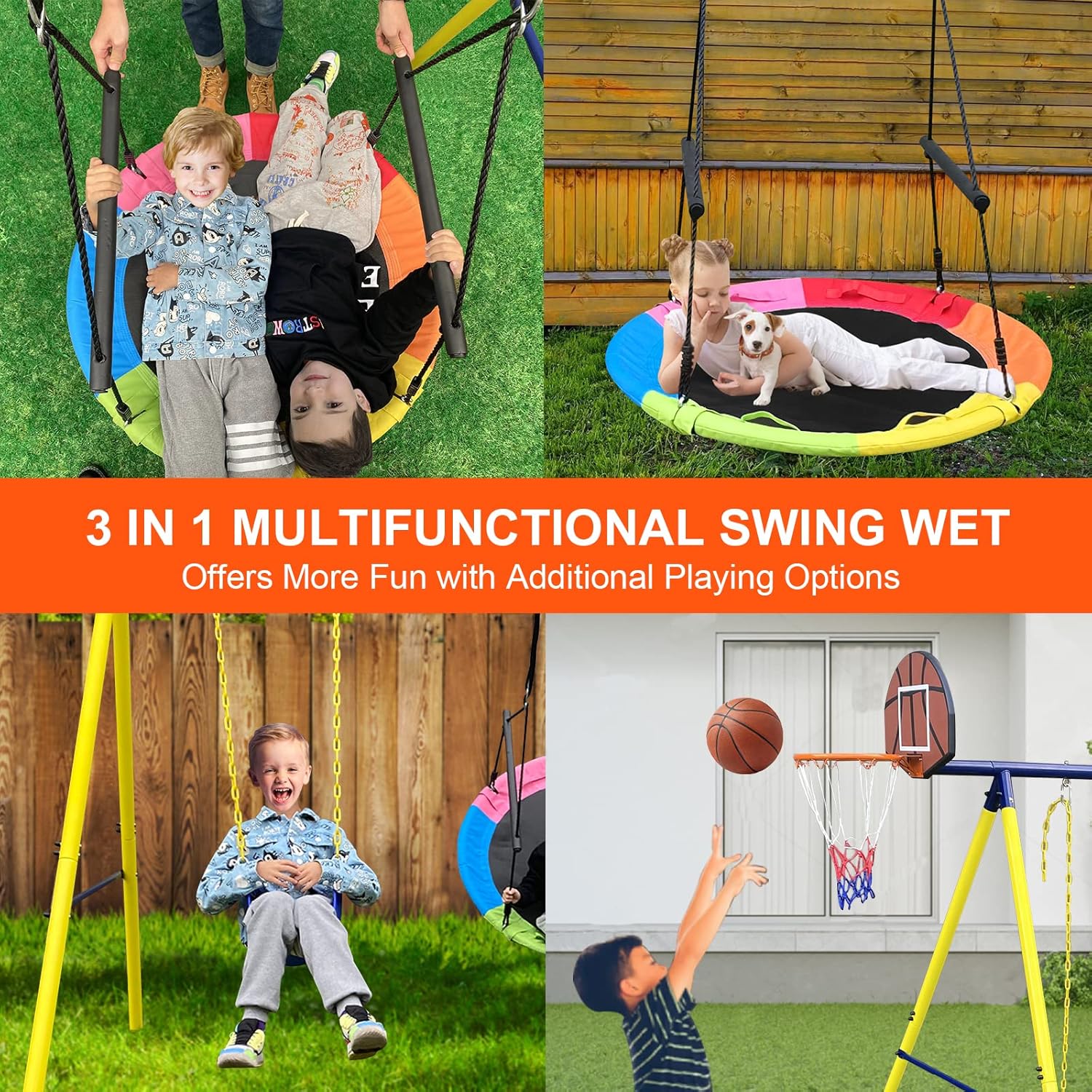MY STORY 550lbs 3 Play Stations Swing Set 40” Saucer Swing and Belt Swing with Heavy Duty A-Frame Metal Swing Stand with Basketball Hoop : Toys & Games