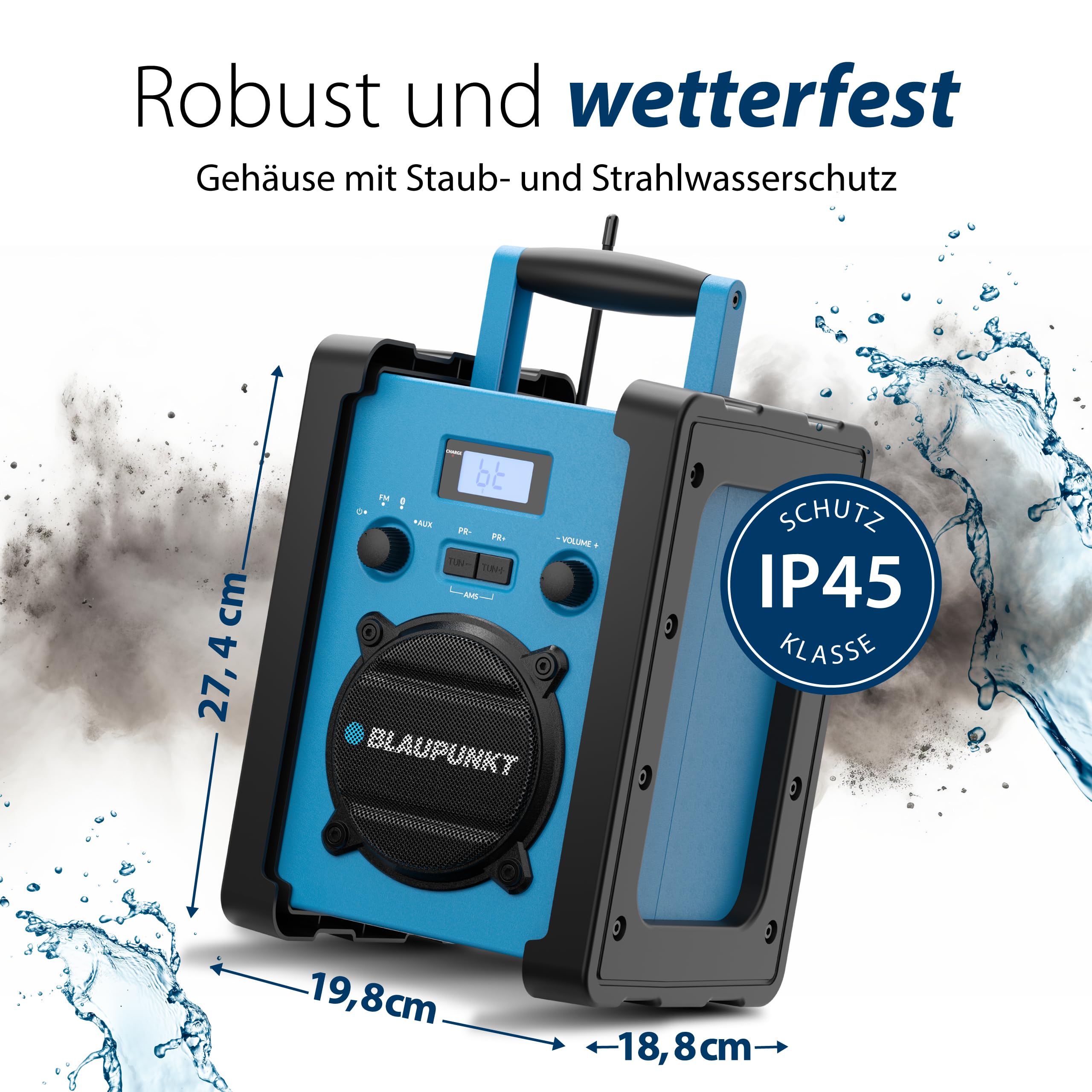 Blaupunkt BSR 30, Baustellenradio, Bluetooth, Robustes Akku-Radio, IP44 Schutz, AUX Wiedergabe, tragbares Baustellen Radio für Werkstatt & Outdoor