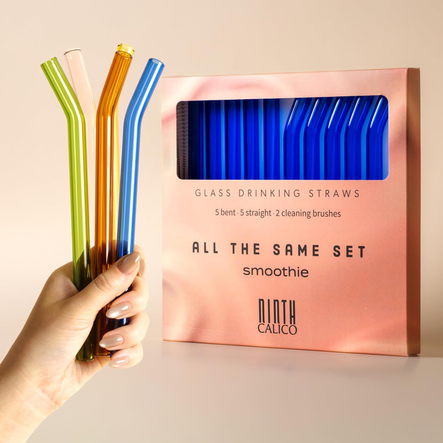 10-Pack Reusable Glass Drinking Straws – Colorful, Durable, Shatter-Resistant – Includes 5 Straight, 5 Bent Straws & 2 Cleaning Brushes – For Smoothies, Iced Coffee (Dark Blue, Smoothie)