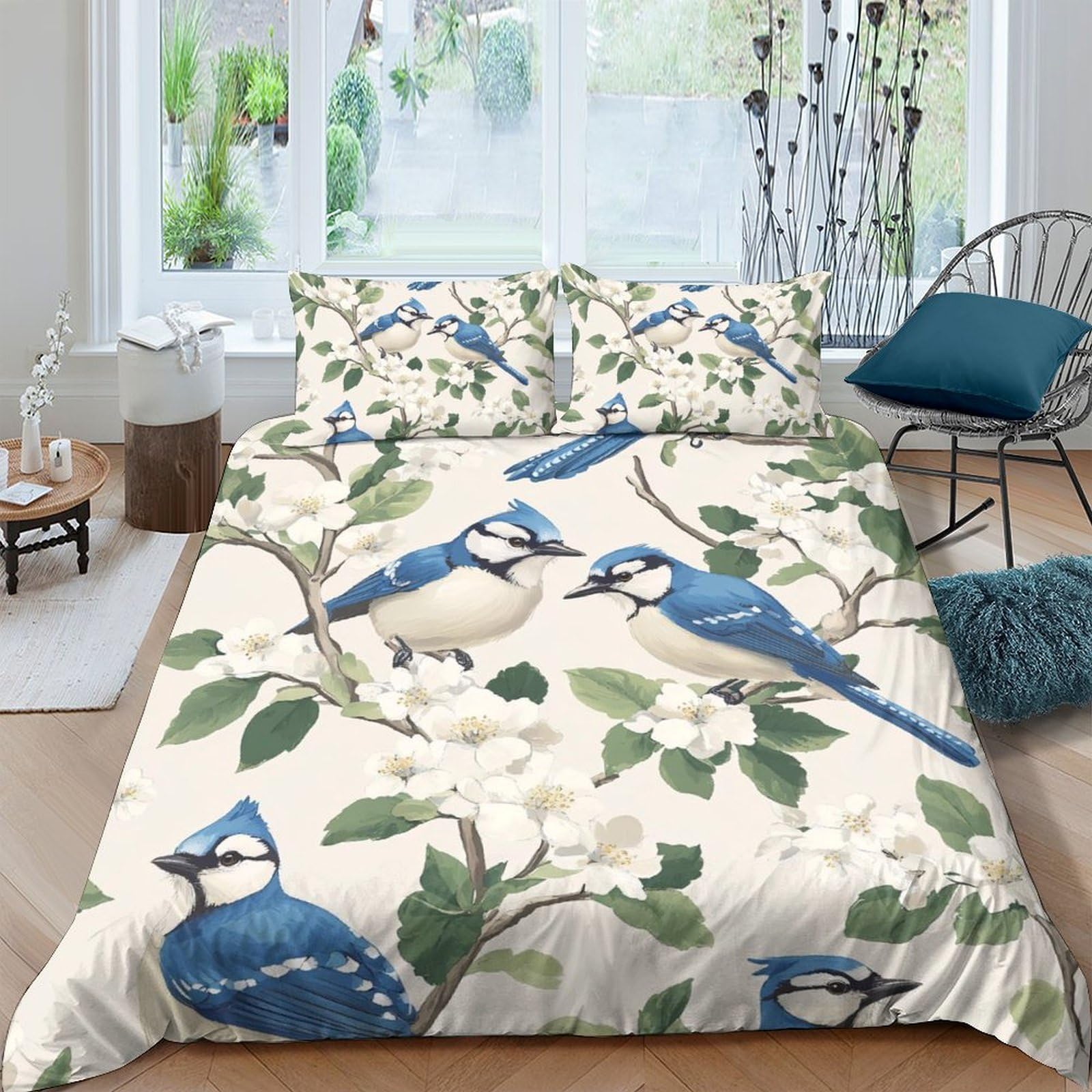 Ctjqhvkz Style-2 3D Printed Blue Jay Bird Fitted Sheet Microfiber Soft Floral Branch Mattress Cover For Bedroom Guestroom Home Decor Single（135X200cm）
