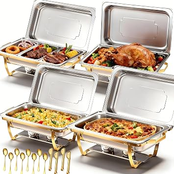 4 Pack Stainless Steel Chafing Dishes for Buffet, 9 QT Capacity 7 Pans Food Warmers for Parties, Weddings, Events Hosting, Family Gatherings, Full Set Catering Server with Serving Utensils Accessories
