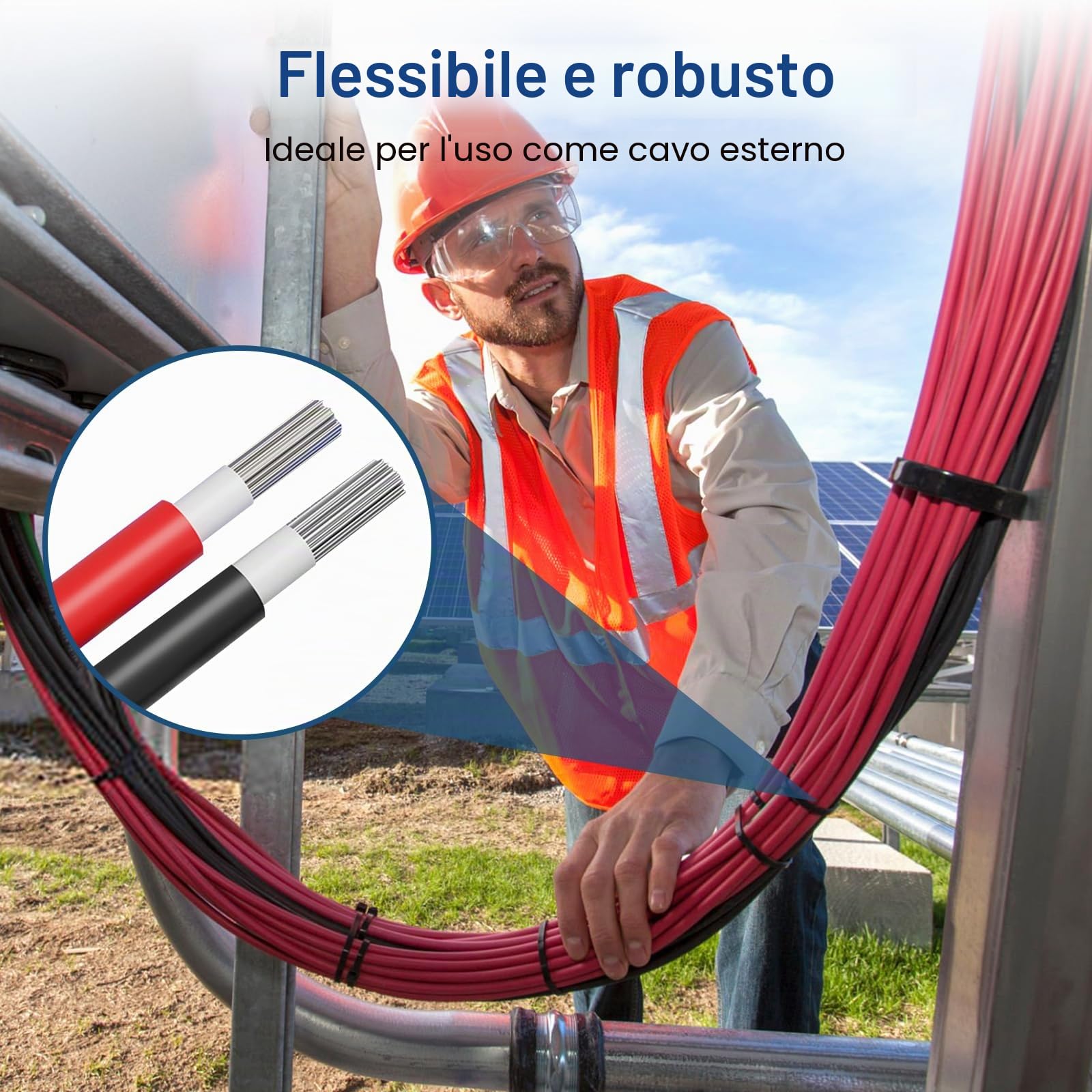 Prolunga per cavo solare, 10 mm², 6 m, 8 AWG, cavo solare flessibile, 1500 V, con cavo fotovoltaico impermeabile IP67 (6 m, 10 mm2)