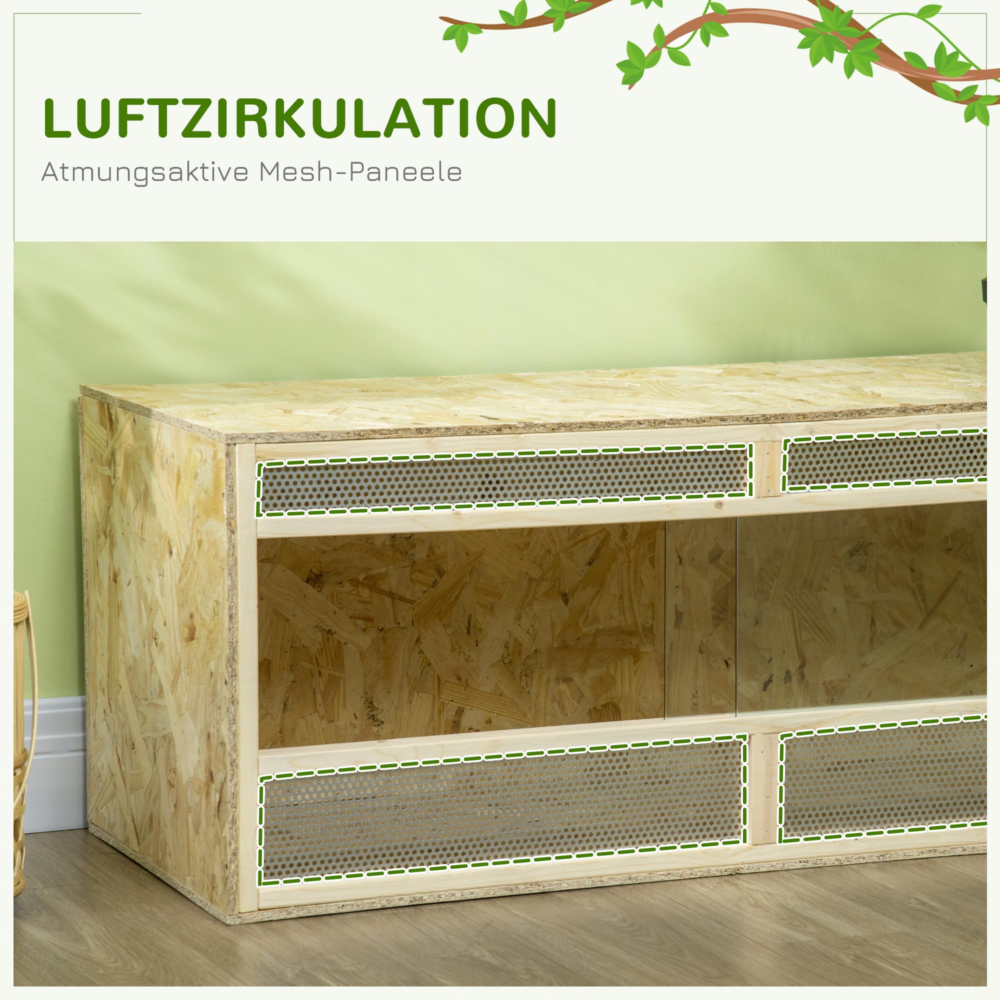 PawHut Terrarium für Reptilien 120 x 50 x 50 cm mit Lüftungsgitter Natur | Glas Terrarium, Fütterungsbox mit Schiebetüren aus Glas, Aufzuchtbox für Amphibien, Spinne
