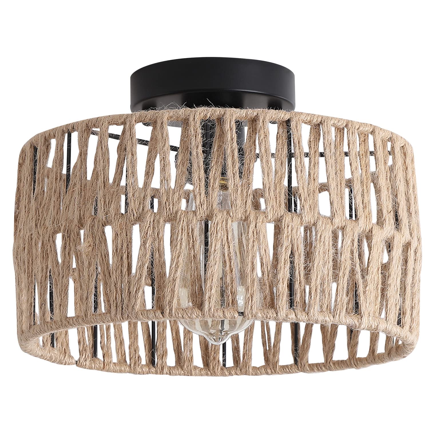 Hchunqjor Coastal Woven Flush Mount Ceiling Light Fixture Rustic Industrial Hemp Rope Semi Flush Mount Ceiling Light for Hallway Bedroom Farmhouse Kitchen Entryway Hall, Black