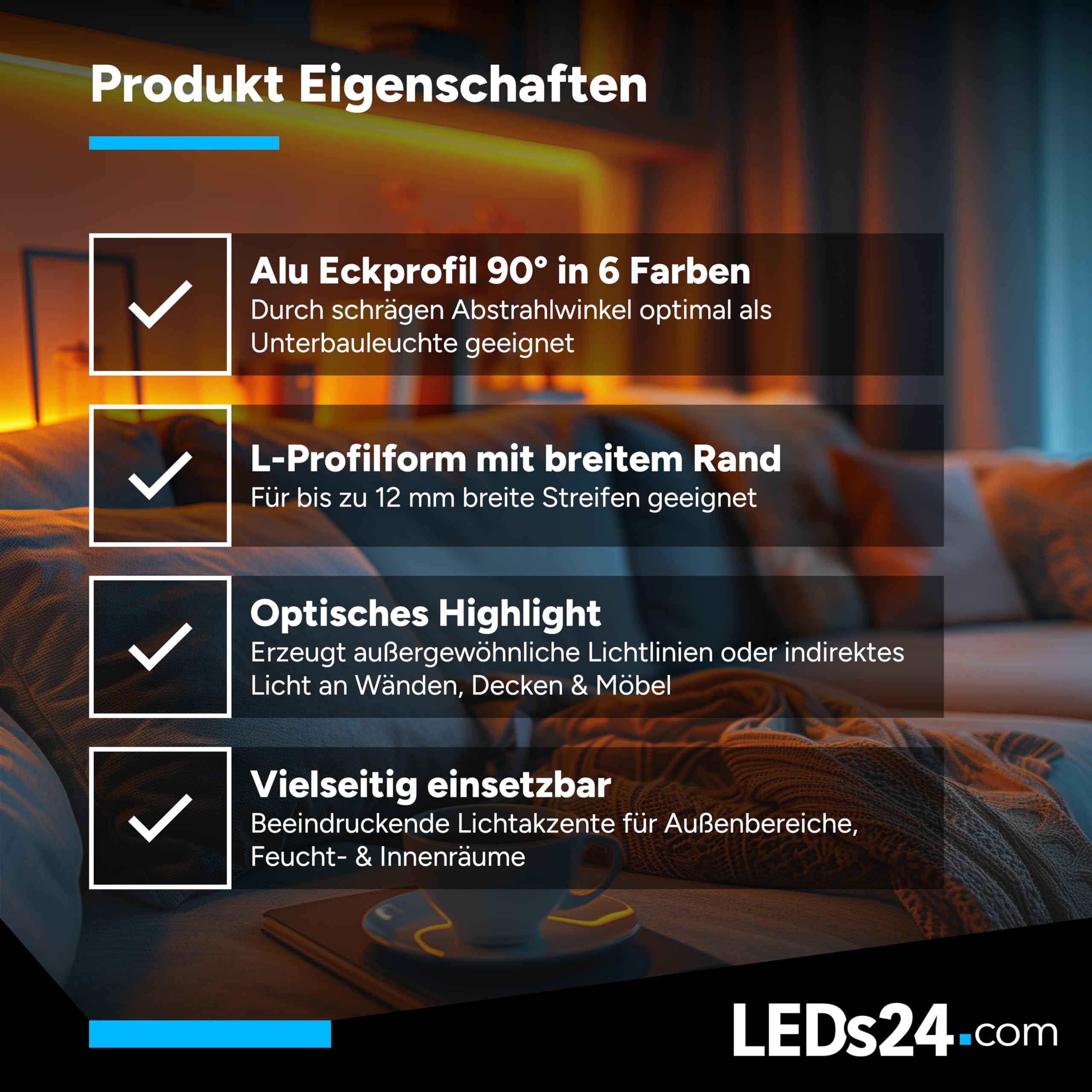 LED-Eckprofil 90° [2m] inkl. Abdeckung (diffus) - LED-Profil für Unterbau-, Treppen- & Deckenbeleuchtung an Küche, Möbeln & Regalen (schwarz,mit 2 Endkappen)