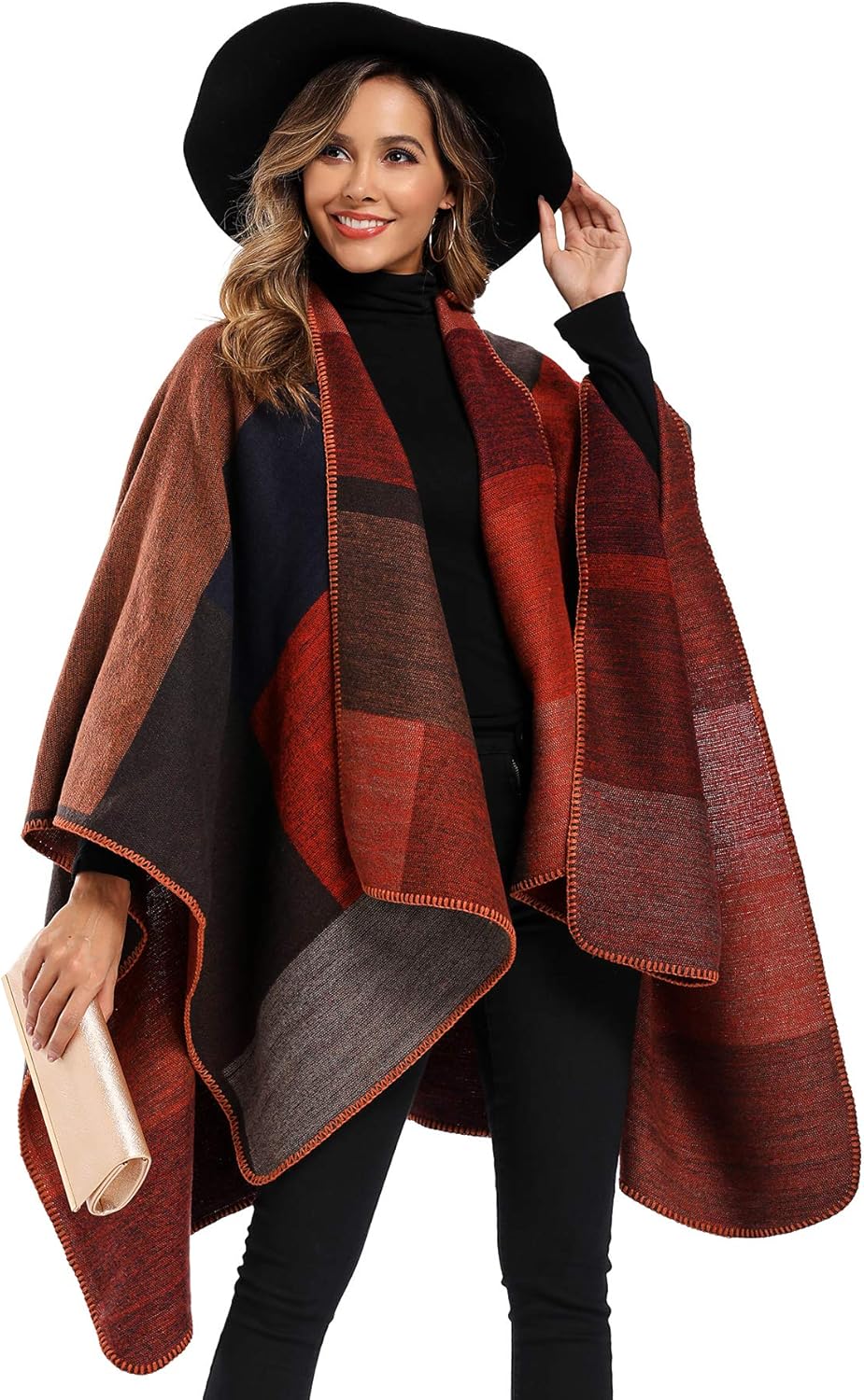 Epsion Women's Color Block Shawl Wrap Plus Size Cardigan Poncho Cape Open Front Long Winter Sweater Coat - Image 4