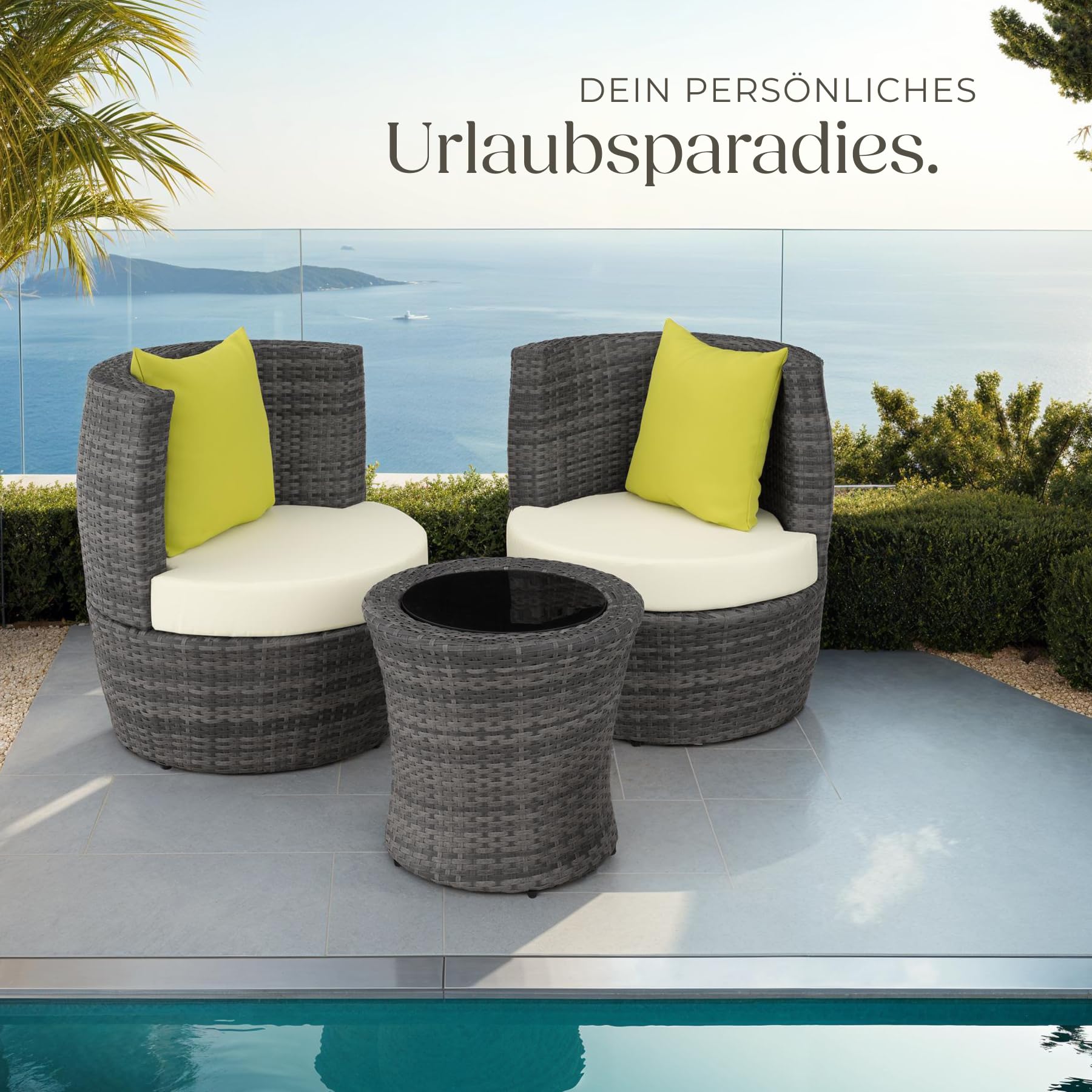 tectake® Rattan Set 2 Personen, Balkonmöbel, Aluminium Gartenmöbel Set, Outdoor Sitzgruppe mit 2X Stuhl, 1 Beistelltisch rund, 1 Vase, platzsparend zusammenschiebbar, mit Polster und Kissen - grau