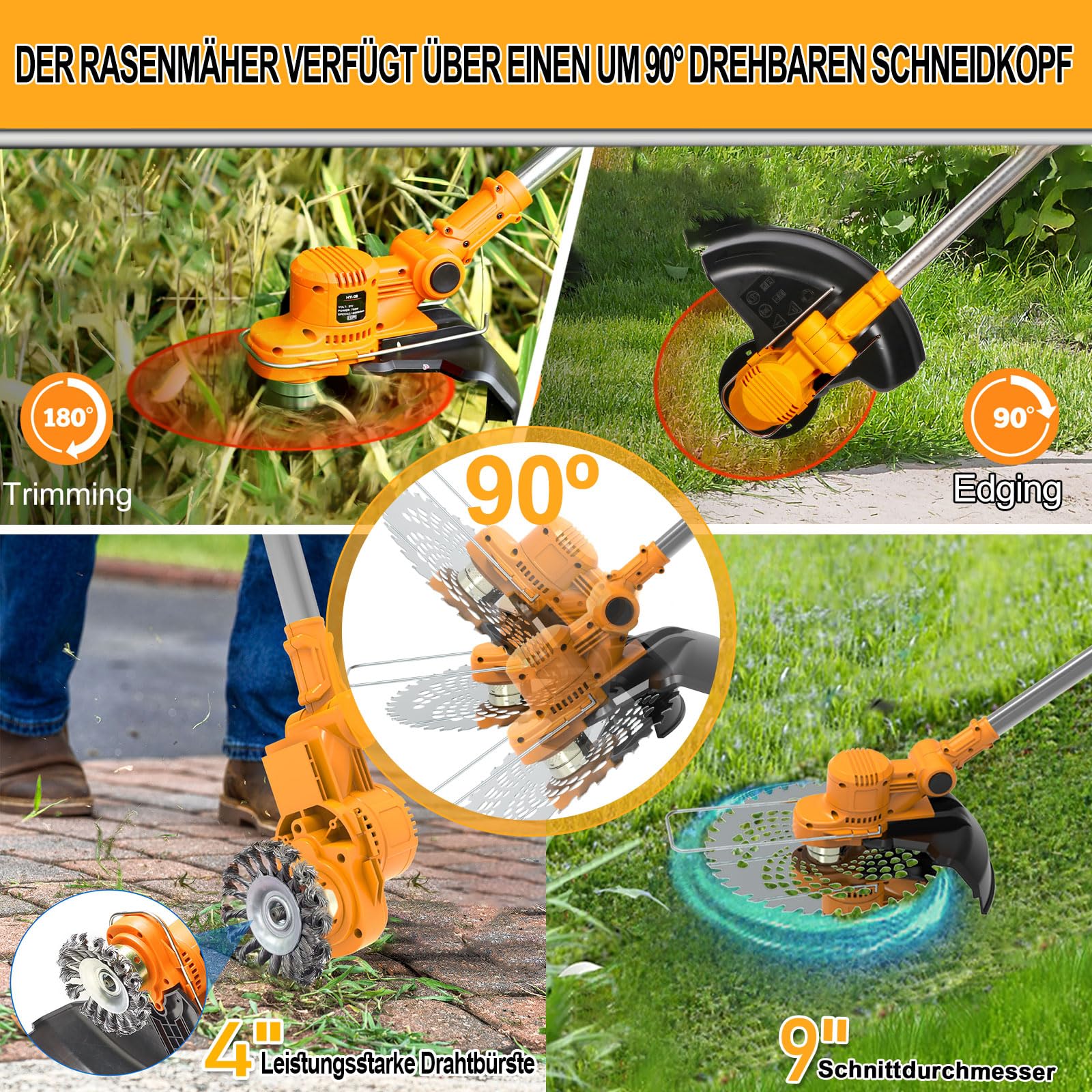 Rasentrimmer mit Akku, 4 in 1 Rasentrimmer mit Unkrautbürste 21V Bürstenloser Freischneider Akku, Teleskop, Verstellbarer, für Garden Trimmen, Orange