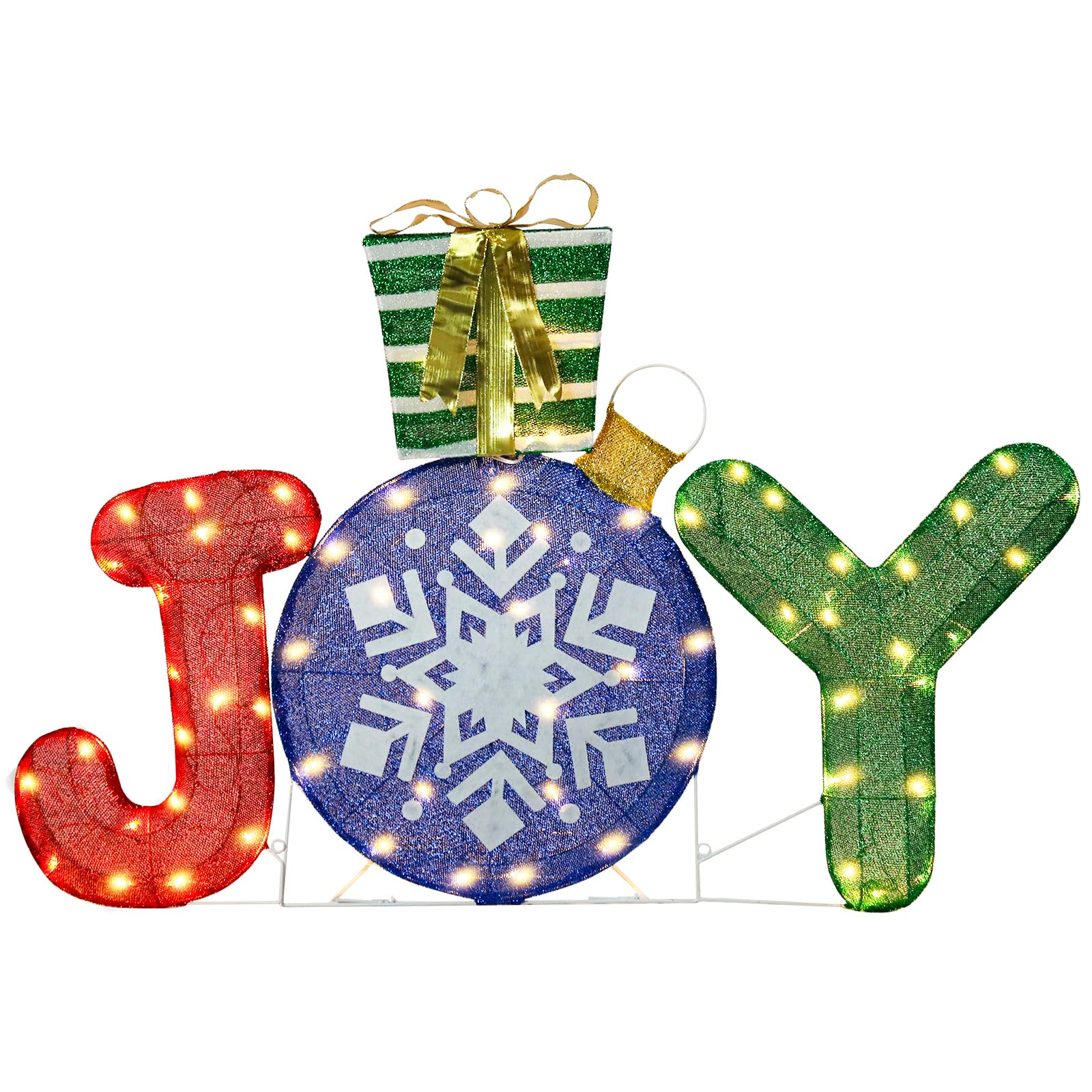 Decoración navideña iluminada para exteriores, alegría 3D con caja de regalo, adorno de pie iluminado con purpurina, decoración de Navidad para el hogar, césped, patio, jardín