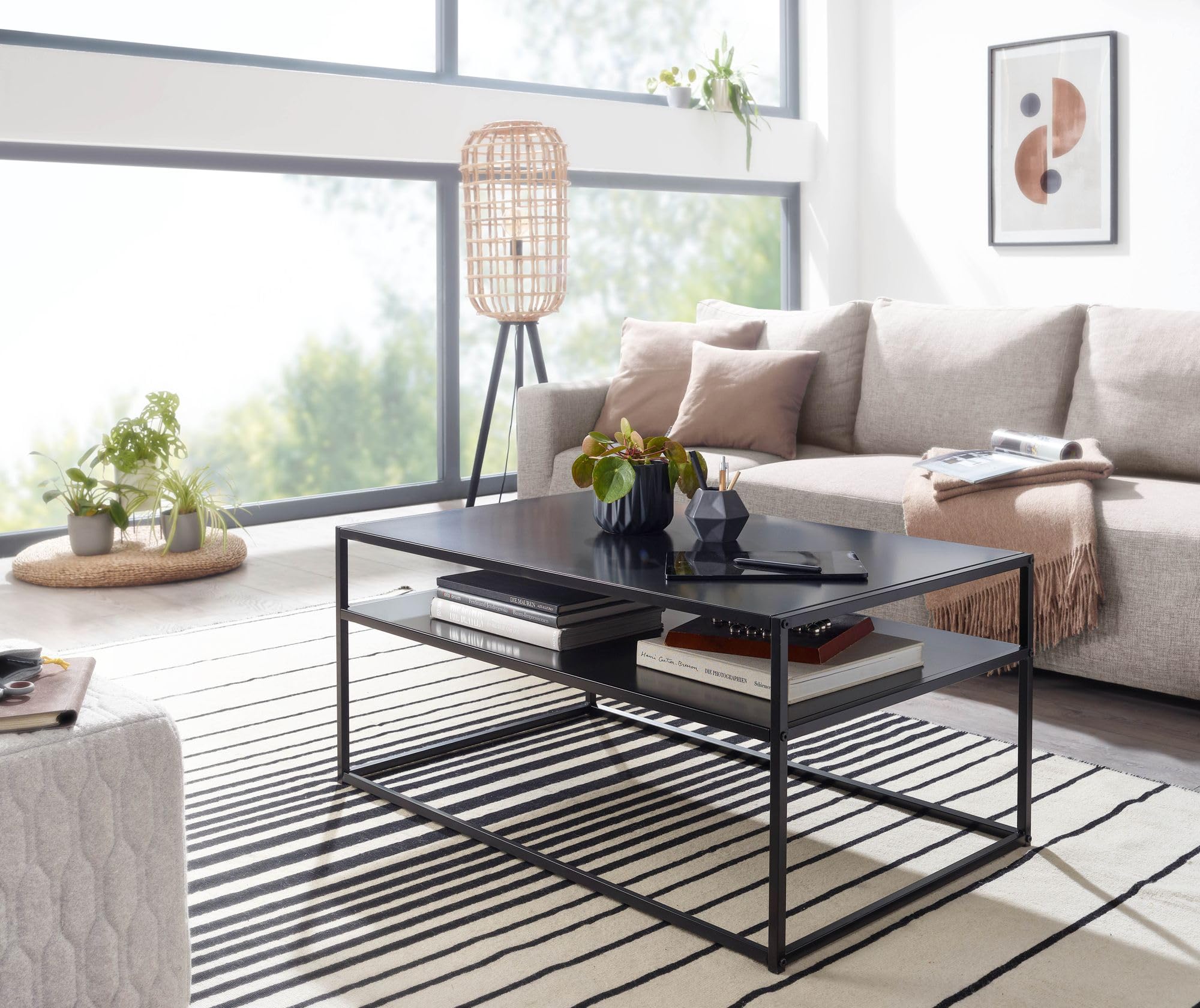 FineBuy Couchtisch 100x60x45 cm Metall Wohnzimmertisch Industrial Schwarz, Sofatisch Stahl mit Stauraum, Loungetisch mit Ablagefach, Kaffeetisch Beistelltisch Eckig