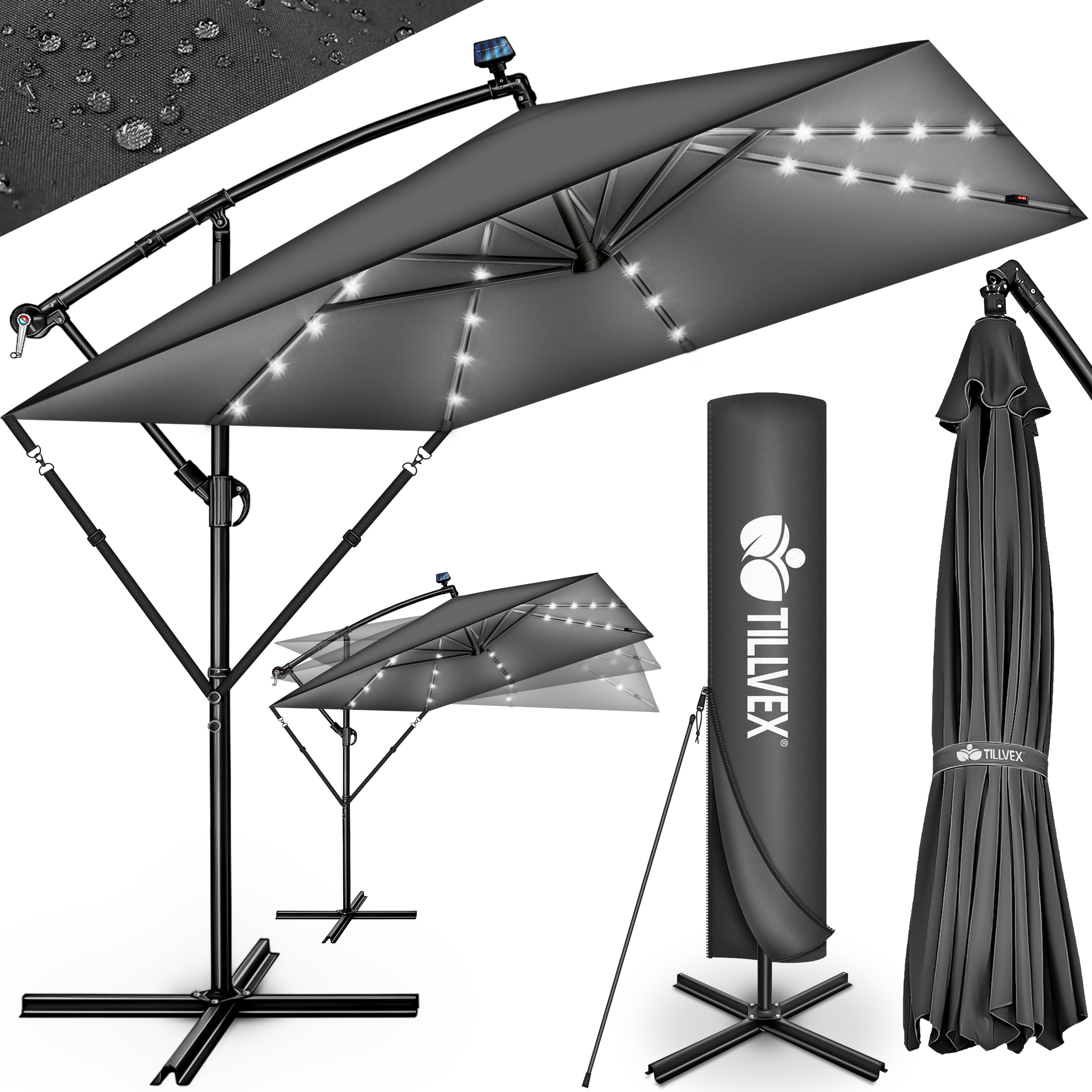 tillvex® Sombrilla de Jardín Rectangular Ø 330 cm con Manivela + Funda con Manivela | Sombrilla Terraza con Protección Viento | Parasol mercado impermeable + Protección UV