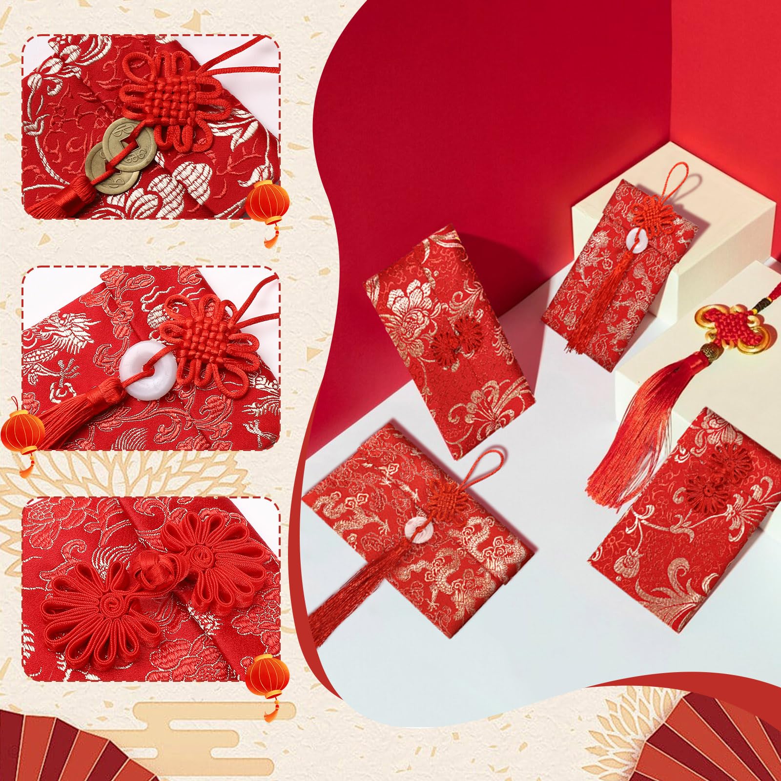 Lot de 13 enveloppes rouges chinoises en soie pour argent porte-bonheur Hong Bao pour printemps, festival, mariage, Nouvel An, anniversaire, 13 styles avec nœud chinois, pendentif en jade et pièce de