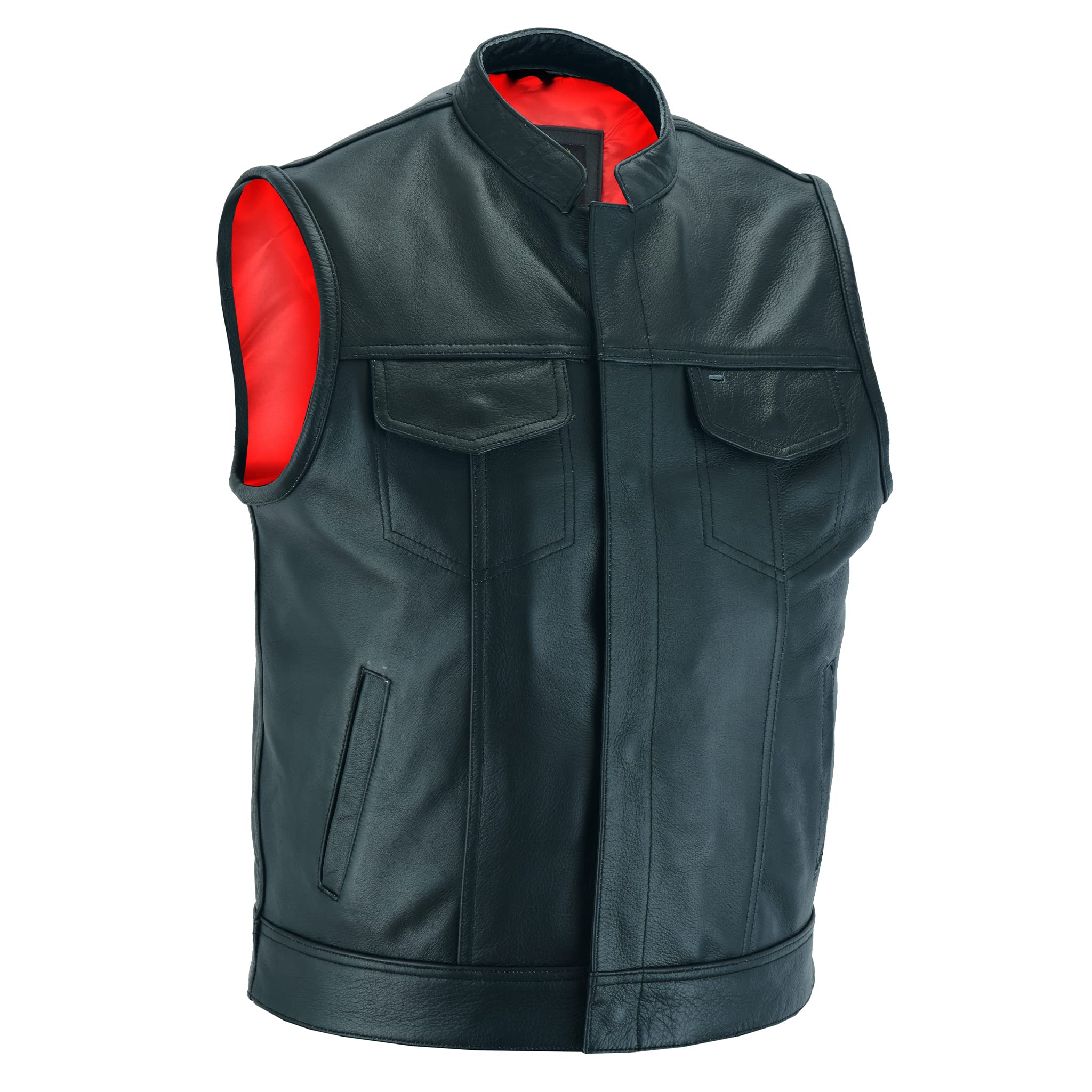 LeatherickAnarchy Club Men's Black Leather Waistcoats - Motorcycle Biker Vests Stitched with Red & Black Liner