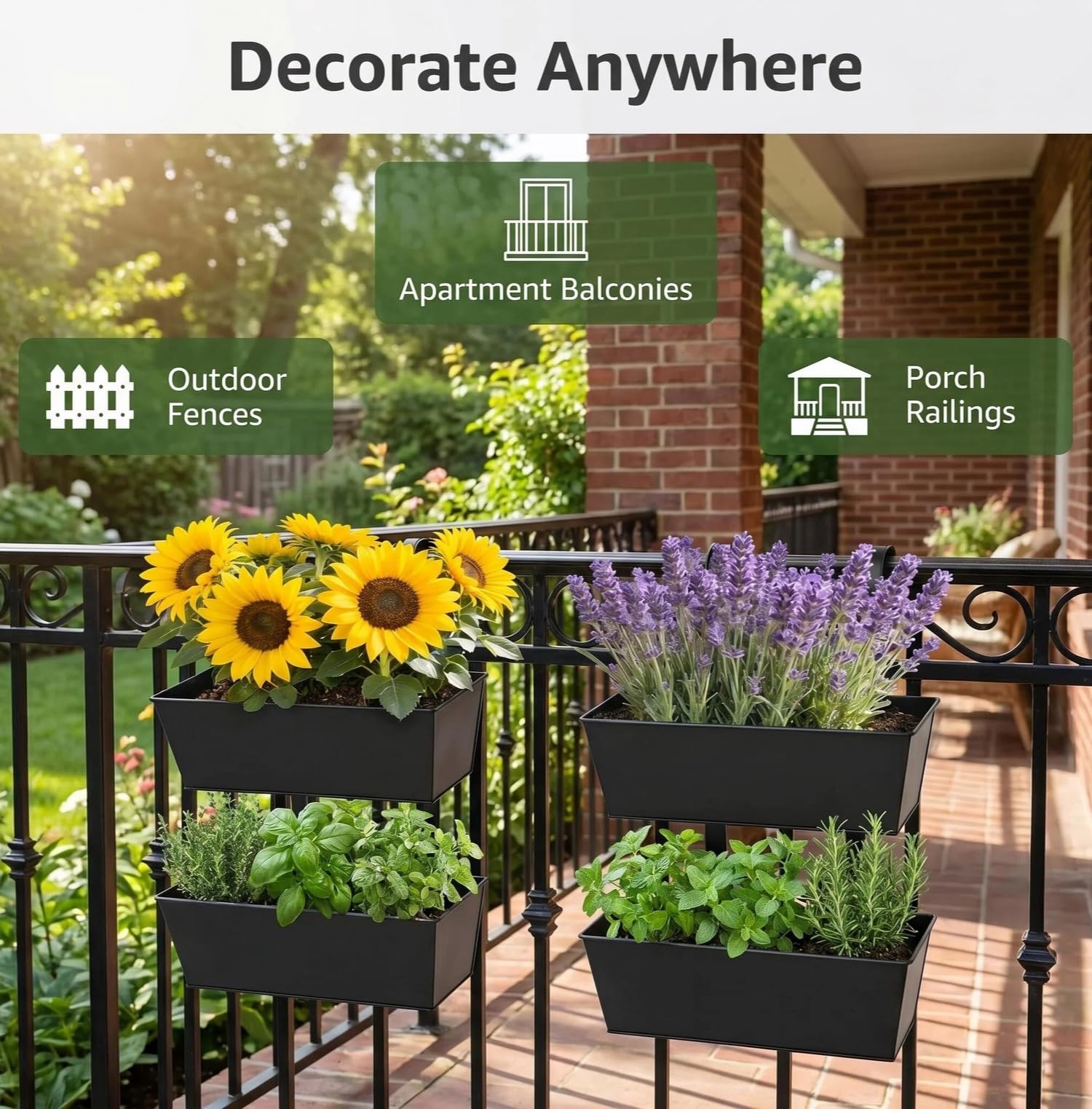 4 pièces de pots métalliques suspendus de 11 pouces avec crochets détachables, boîtes à fleurs pour fenêtres avec garde-corps noir, pots rustiques à accrocher au mur pour clôture extérieure, patio, ba