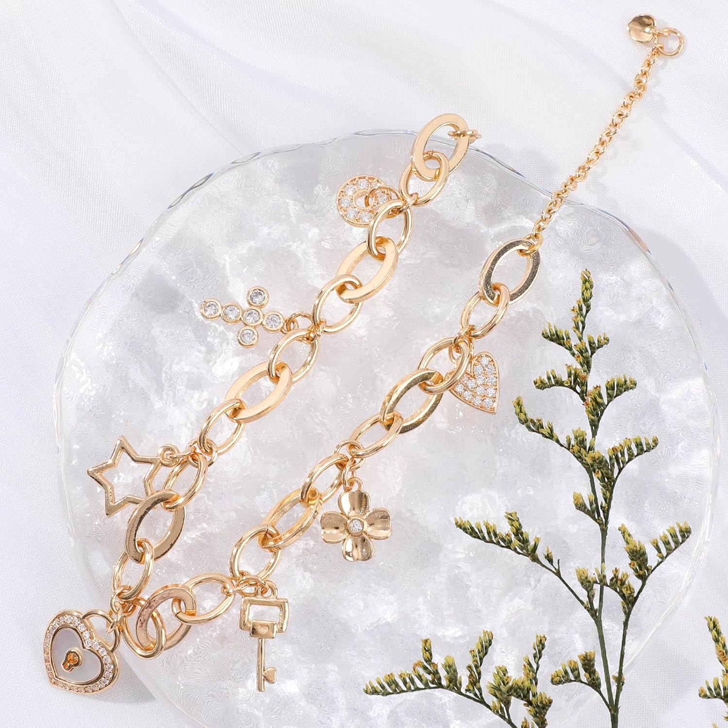 Cute Gold Charm Link Bracelet for Women Sunflower Butterfly Daisy Flower Pearl Insect Flower Clover Lock Key Heart Charm Bracelet CZ Snowman Snowflake Pendant Spring Summer Christmas Jewelry Gifts - Image 4