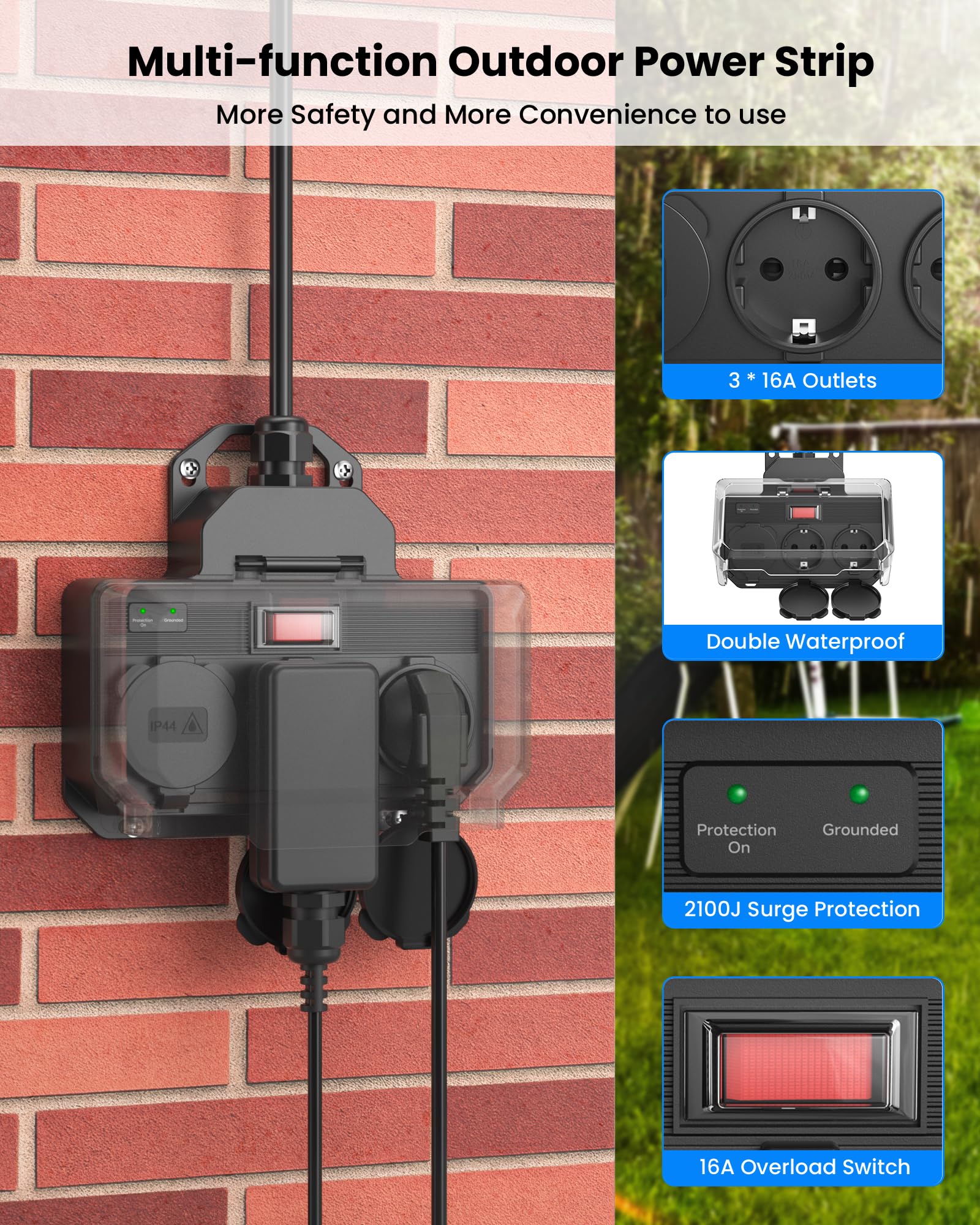 Regleta Enchufes Exterior IP44 Impermeable,Regletas Proteccion Sobretension con Interruptor 16A Sobrecarga,Base Enchufe Múltiple Pared,Exteriores Ladron 3 Tomas con Tapas,Alargador H07RN-F 1,5M,Negro — view 2