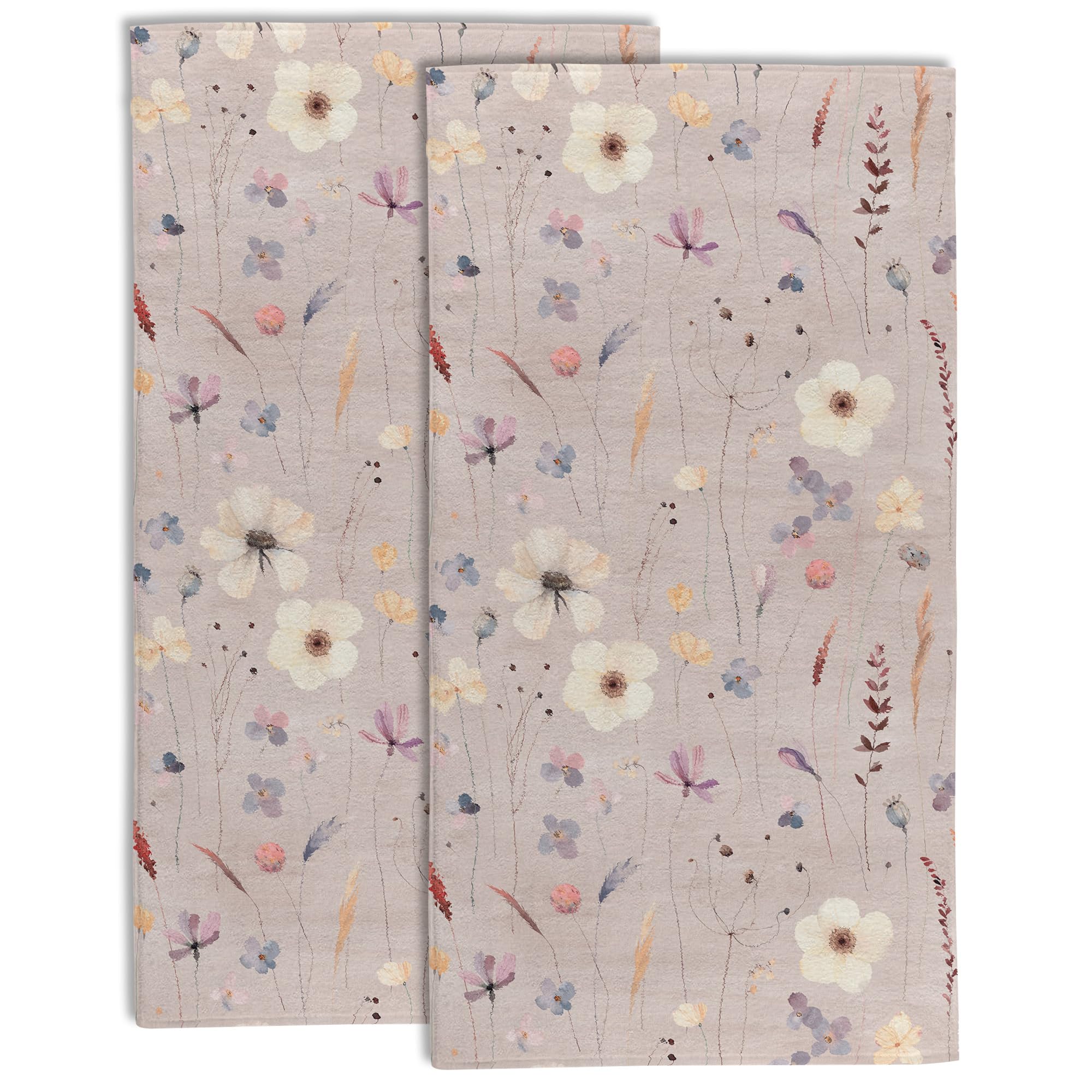 Watercolor Wildflower Kitchen Hand Towel Set of 2,Meadow Botanical Floral Leaves Bathroom Hand Towel,Soft Absorbent Decorative for Bathroom Kitchen
