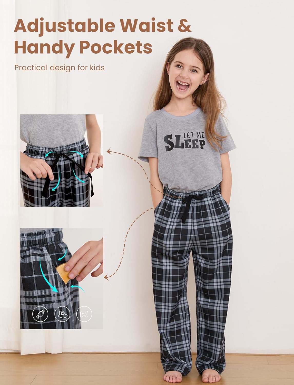 PATPAT Unisex Kids Plaid Pajama Pants – Soft Lounge Sleep Bottoms with Elastic Waist and Pockets, Ages 5–14 Years - Image 3