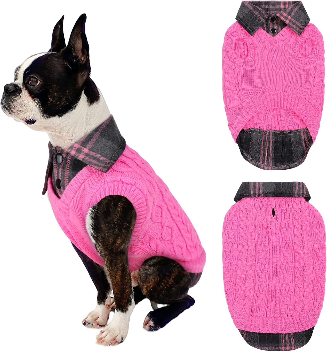JUDYBRIDAL Warm Dog Sweater with Leash Hole Plaid Patchwork Turtleneck Pet Knitted