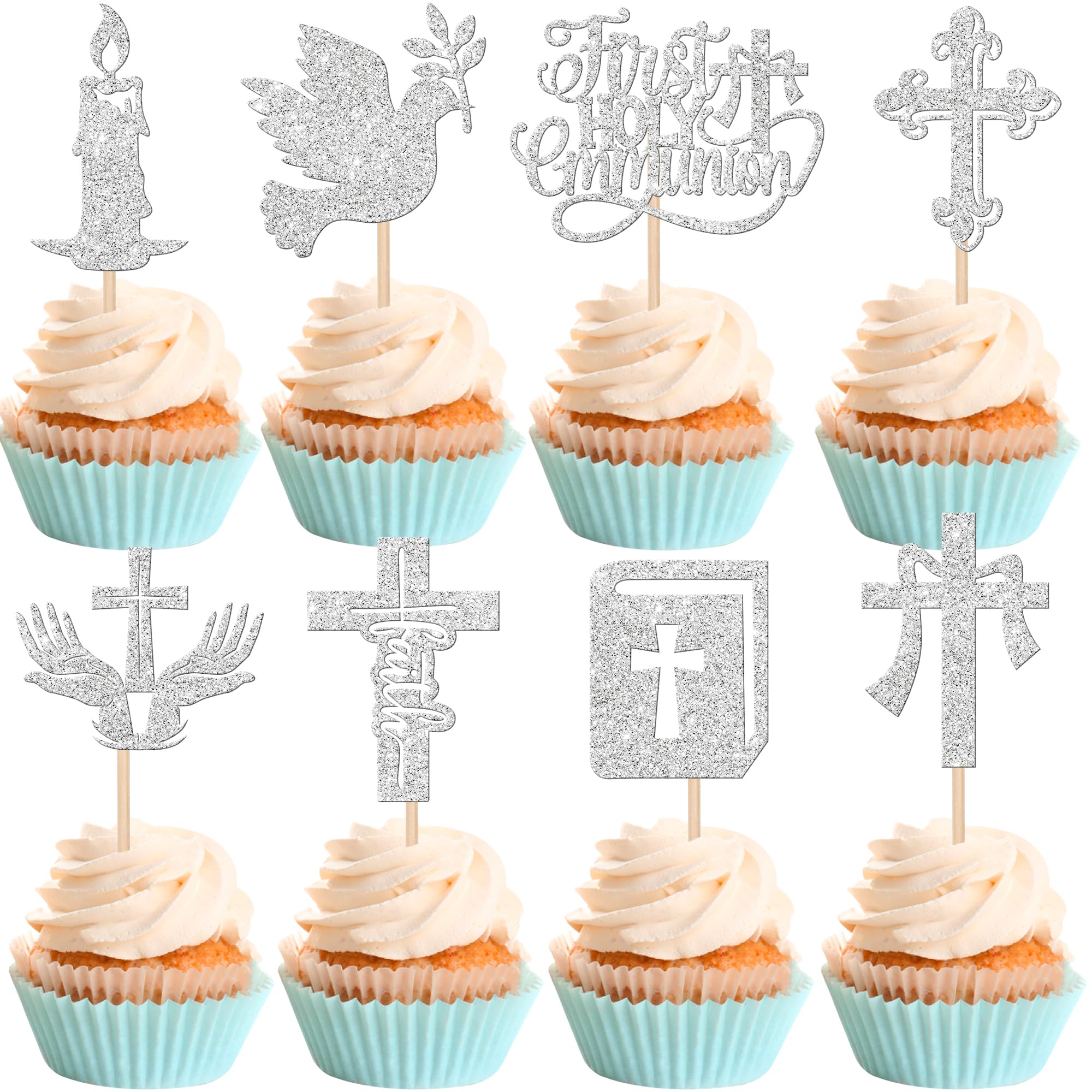 Xsstarmi 24 Pack First Holy Communion Cupcake Toppers Christian Baptism Baby Shower Cake Decorations Dove God Bless Cross Cupcake Picks for First Communion Party Decorations Silver
