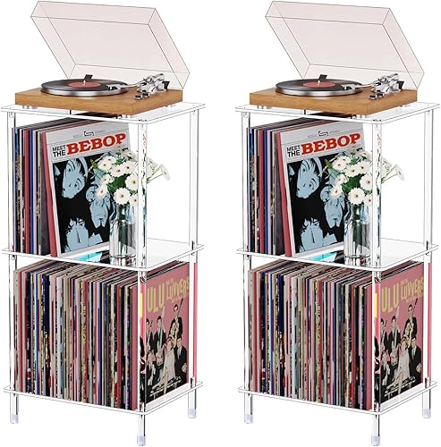 Bkemiy Juego de 2 soportes acrílicos para tocadiscos, mesa giratoria transparente de 3 niveles con almacenamiento de discos de vinilo, 15.75