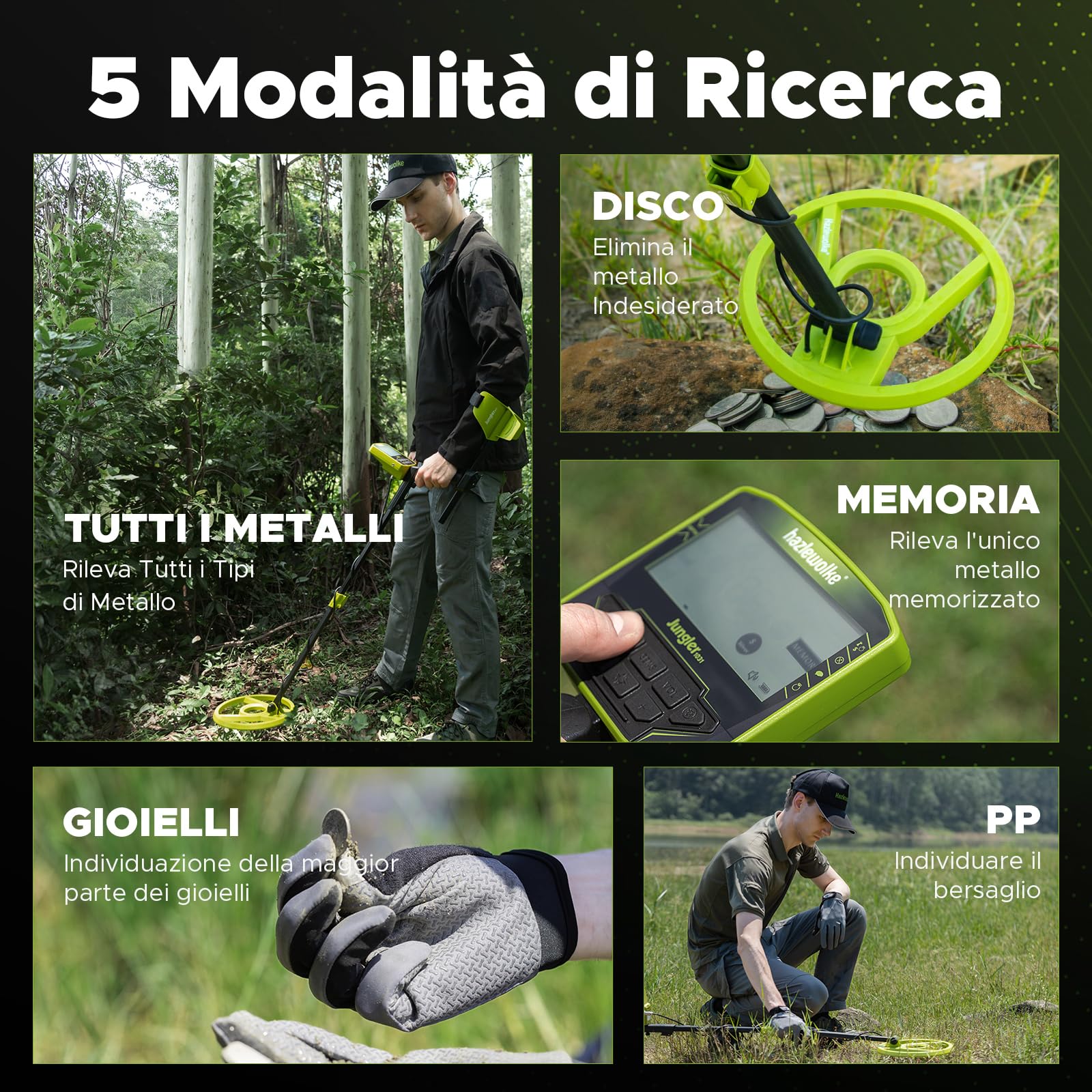 Hazlewolke Metal Detector professionali per adulti con Pinpoint & modalità di memoria, 5 modalità con maggiore precisione 25CM bobina impermeabile per il rilevamento dell'oro, display LCD più grande