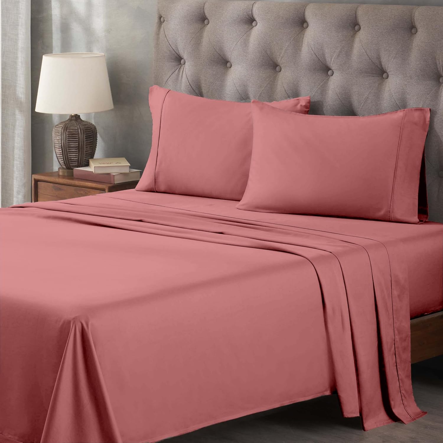 Superior Egyptian Cotton 400 Thread Count Bed Sheet Set, 1 Elastic Deep Pocket Fitted Sheet, 1 Flat Sheet, 1 Pillowcase, Soft Bedding, Luxury Sheets, Sateen Weave, Twin XL Size, Blush