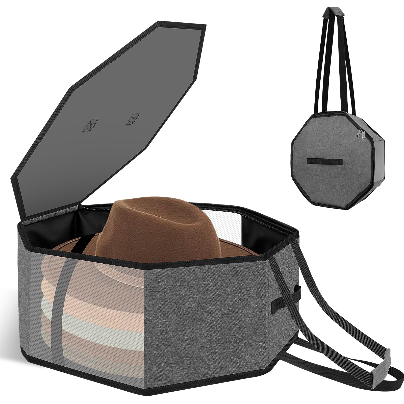 Dreamtop Large Hat Boxes for Women Storage and Travel, Foldable Hat Boxes Cowboy Cap Hat Organizer for Closet with Handles for Men Storage Large Hat Bag Carrier, Grey