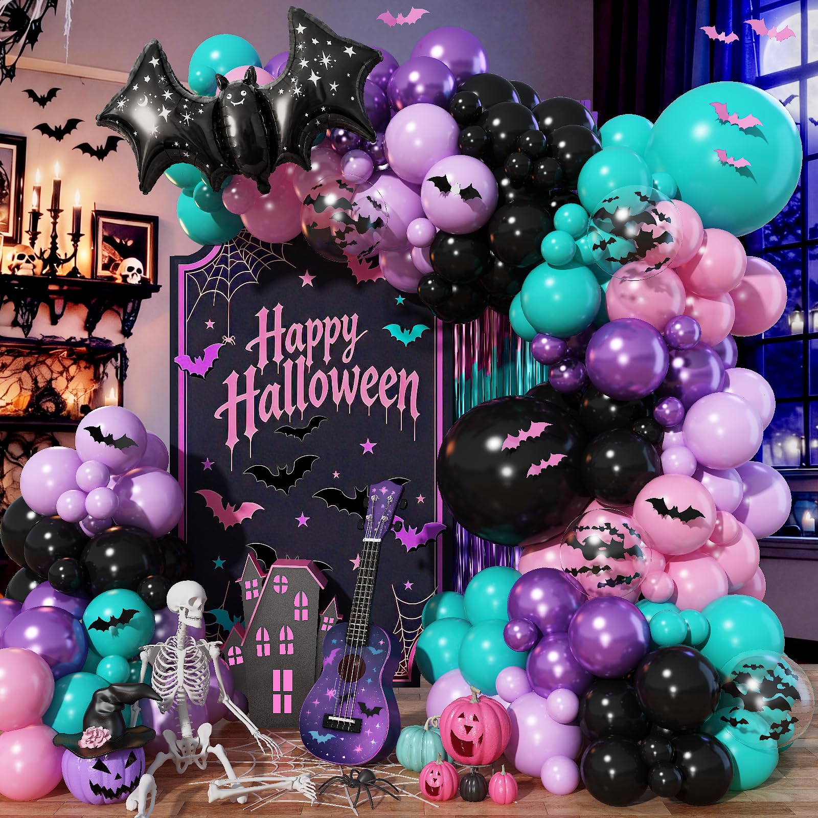 Froova Pink and Black Purple Teal Balloon Garland Arch Kit with Bat Balloon