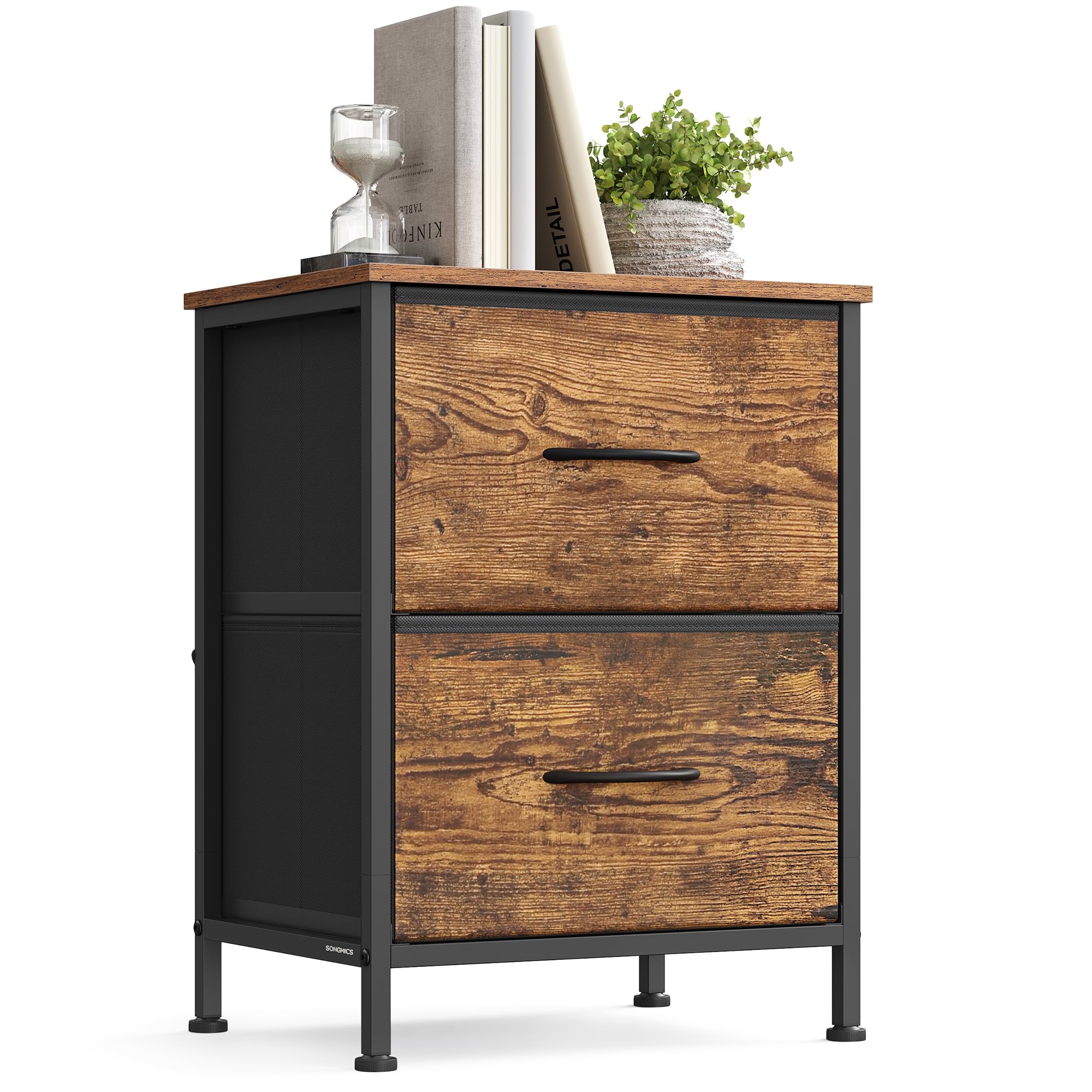 SONGMICS Collection - Bedside Table with 2 Drawers, Side End Table, for Bedroom, Steel, Industrial, Rustic Brown and Ink Black BELLAH LGS312BH04