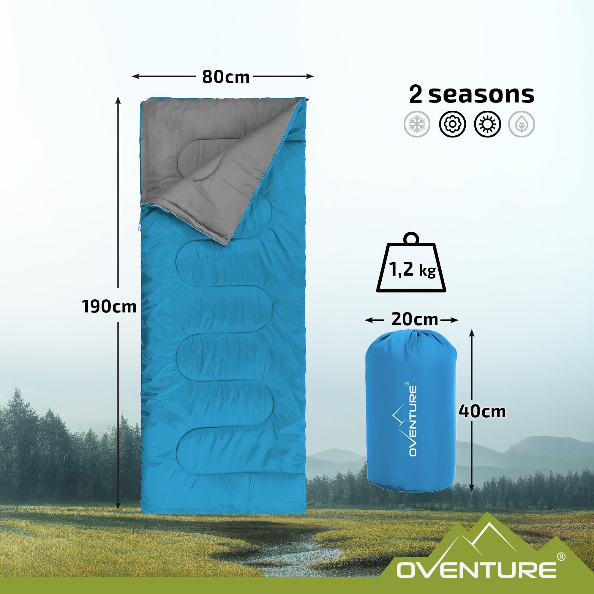 Oventure SleepPlus saco de dormir Turquesa | 190x80 cm | Forro 100% poliéster pongee | Repelente al agua | Para uso en interiores y exteriores | Camping | Saco de dormir práctico y ligero |