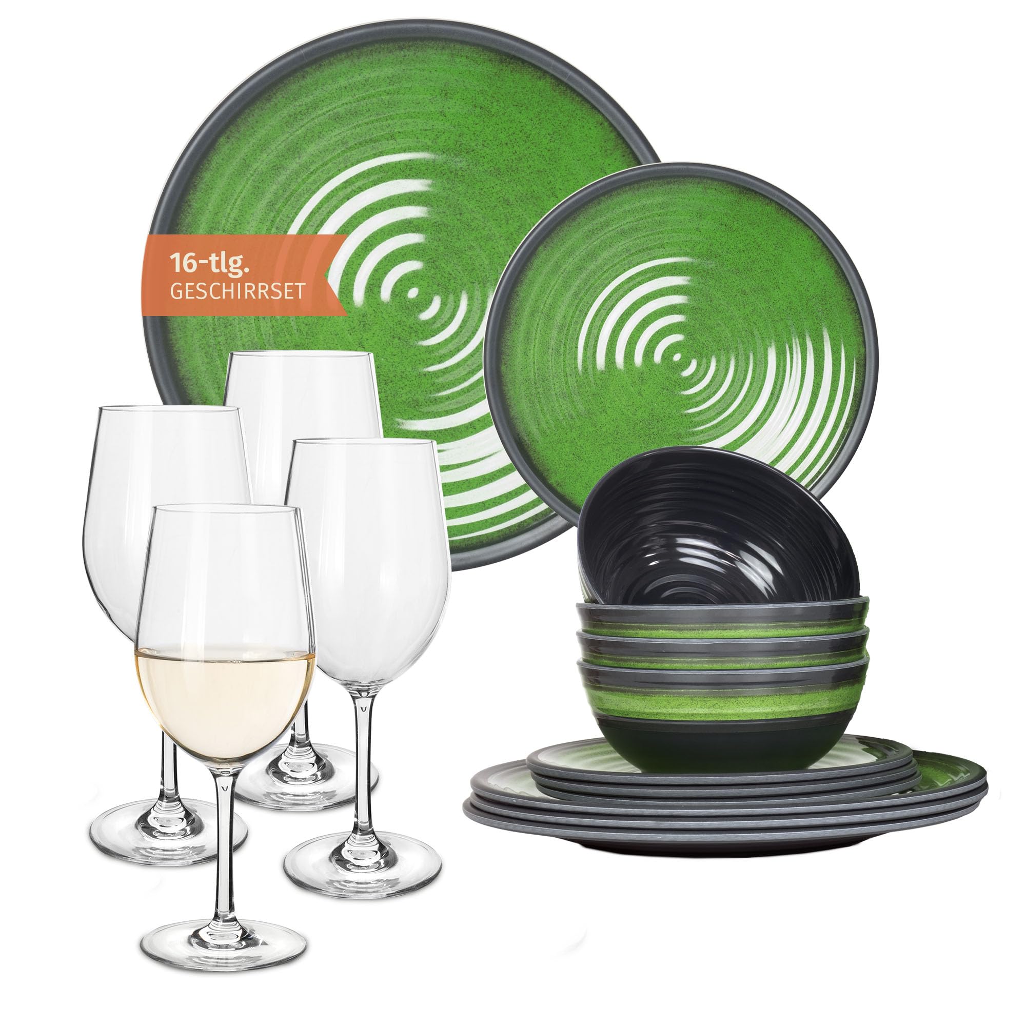 Vajilla de melamina para camping, 4 personas, color verde piedra + 4 vasos de vino blanco Tiamo vajilla de mesa de picnic barbacoa