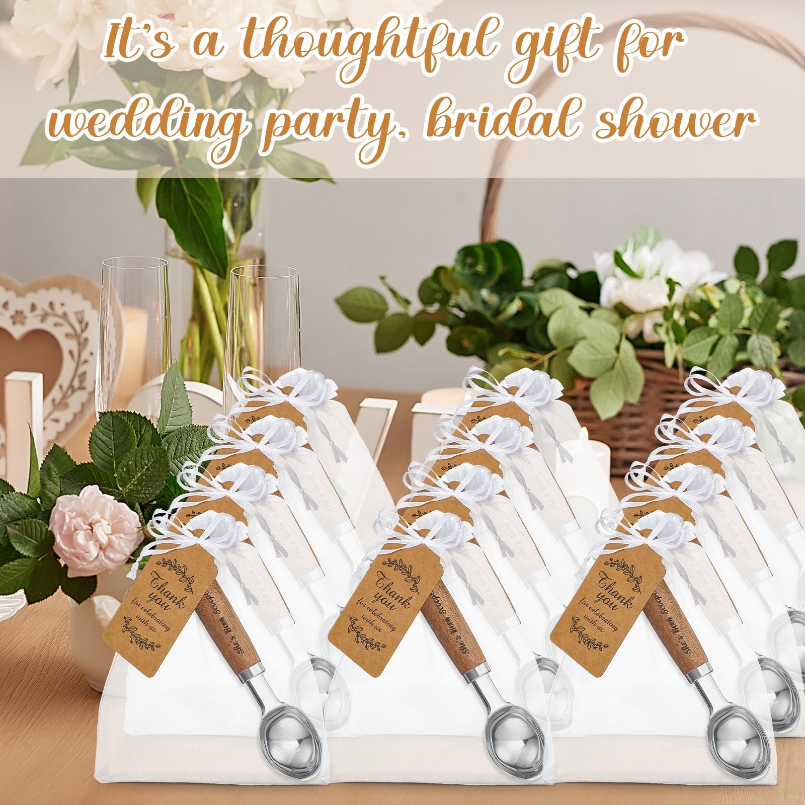 Hushee Juego de 12 cucharas de helado con mango de madera, cuchara de helado de metal con tarjetas, bolsas de organza para bodas, fiestas, decoración de despedida de soltera, regalos de pareja,