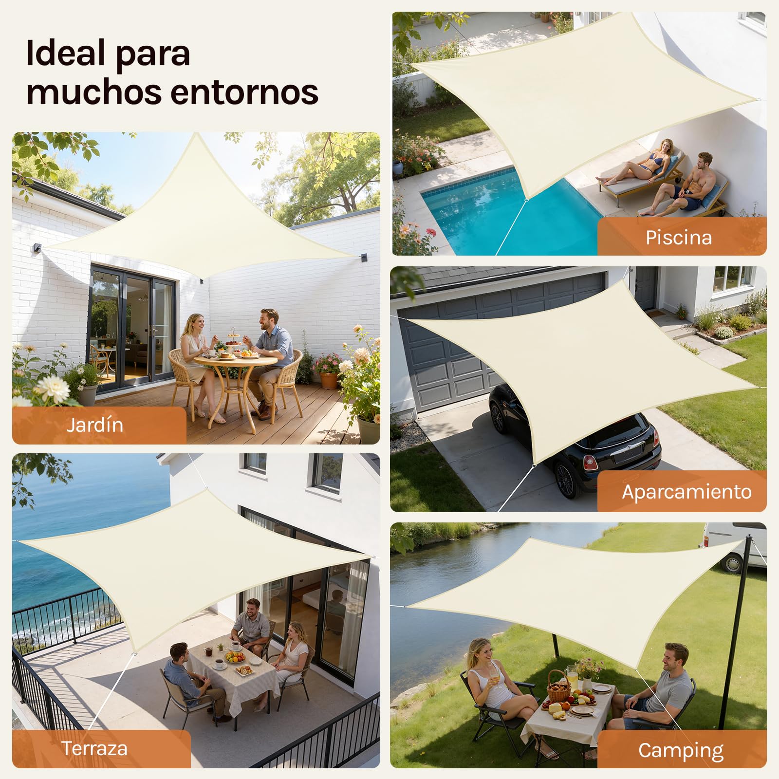 WOLTU Toldo Vela de Sombra Rectangular 2x4 m HDPE Transpirable Anti Rayos UV Solar protección 85% Resistente y para Jardín, Patio, Exteriores Arena, Crema — view 4