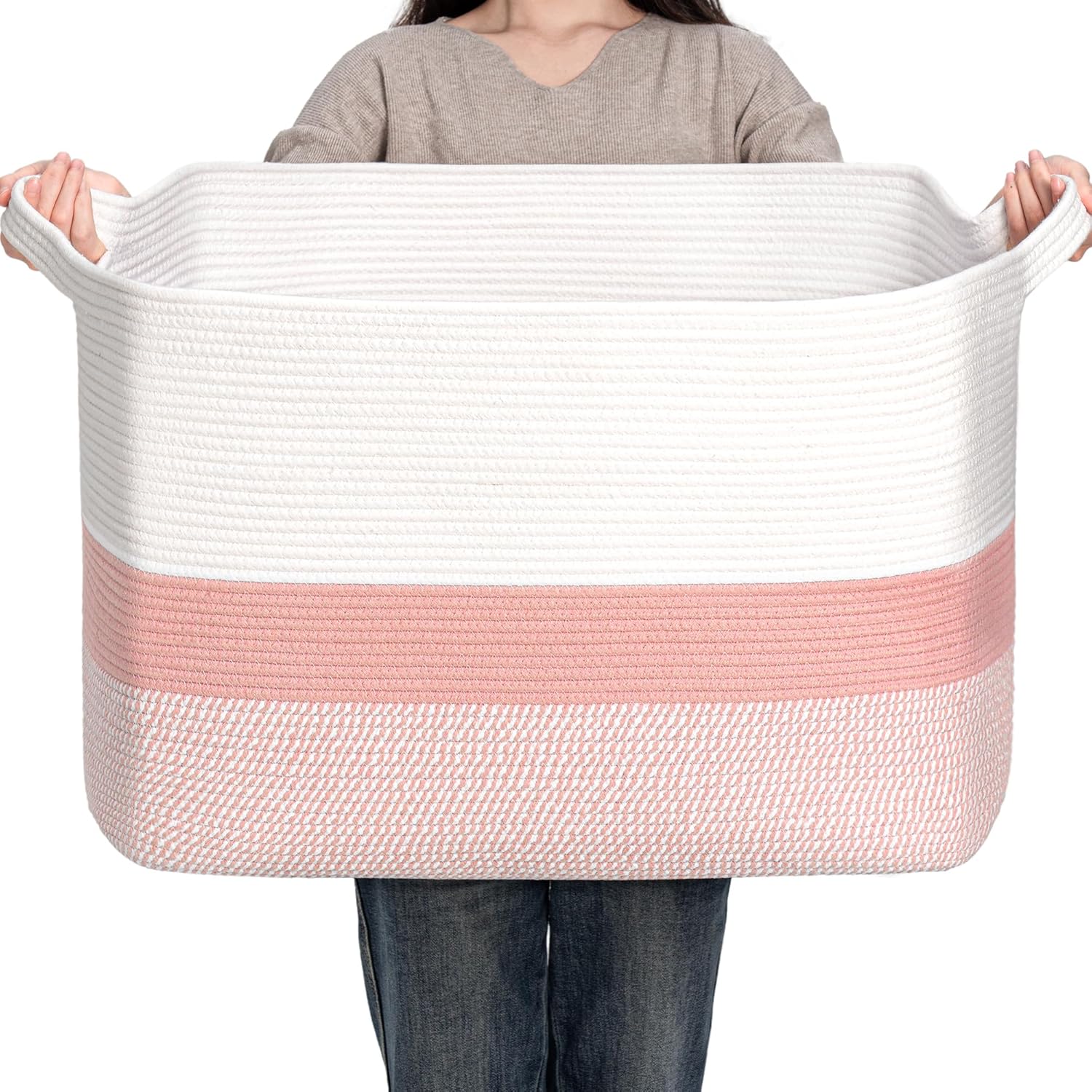 CLHMILY&Z Stylish Square Cotton Rope Storage Basket - 22x17x13.8 Inches - Perfect Nursery Storage Bin and Baby Toy Basket for Organizing Toys and Blankets Pink & White 110L
