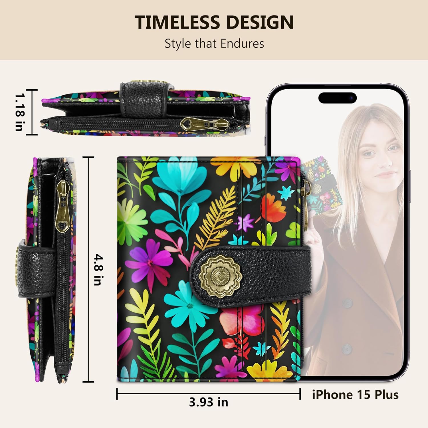 Chelmon Flowers Small Wallet Woman RFID Blocking, PU Leather Bifold Credit Card Ladies Wallets with ID Window, Cute Zipper Coin Pocket Purse for Girls - Image 5