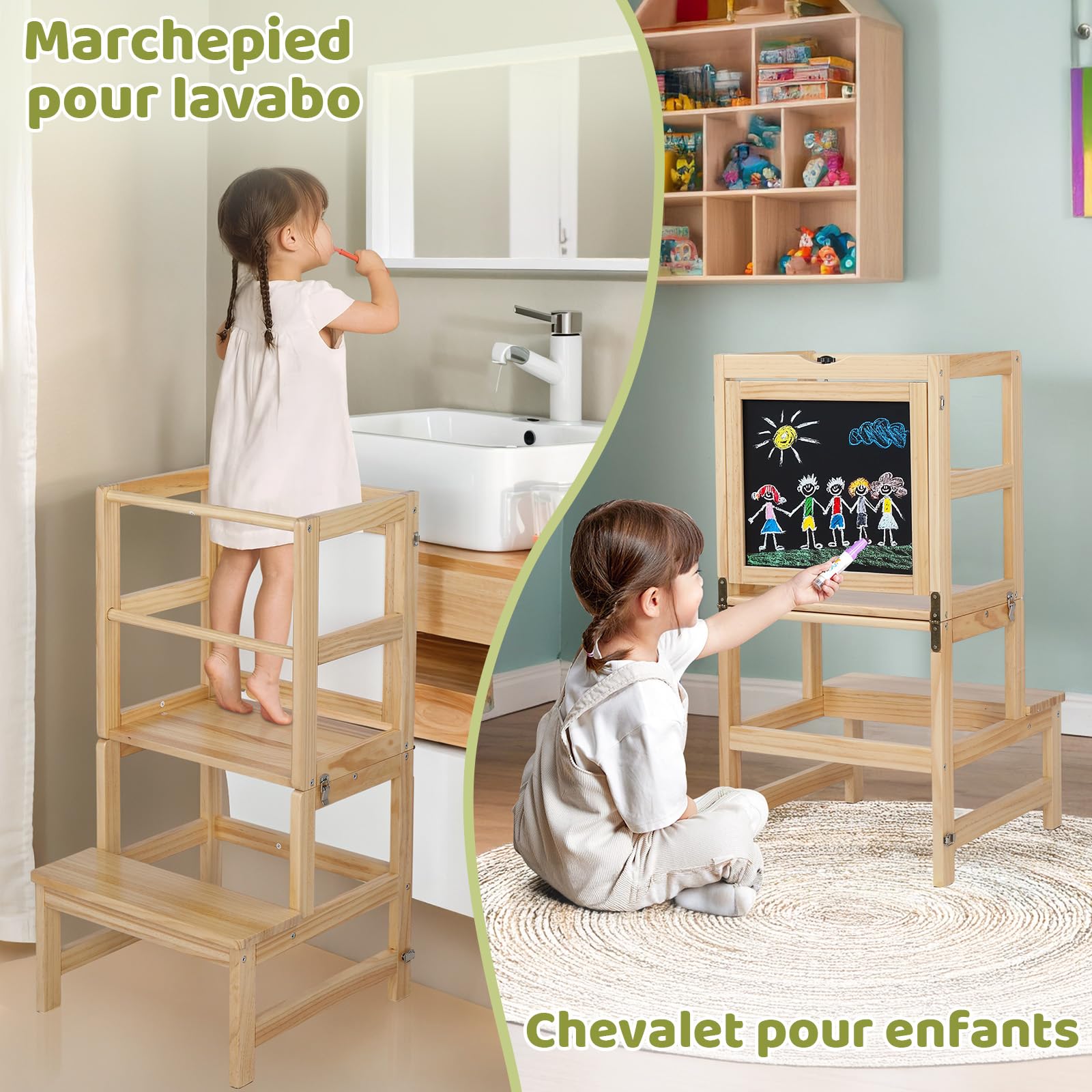 Tour d'Observation Enfant Bonnlo, Tour d'Apprentissage en Bois Montessori pour Enfants à partir de 18 Mois (Nature)