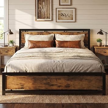 LIKIMIO California King Bed Frame with Headboard and Footboard, Metal Strong Supports, Easy Assembly, Noise-Free, No Box Spring Needed, Vintage Brown
