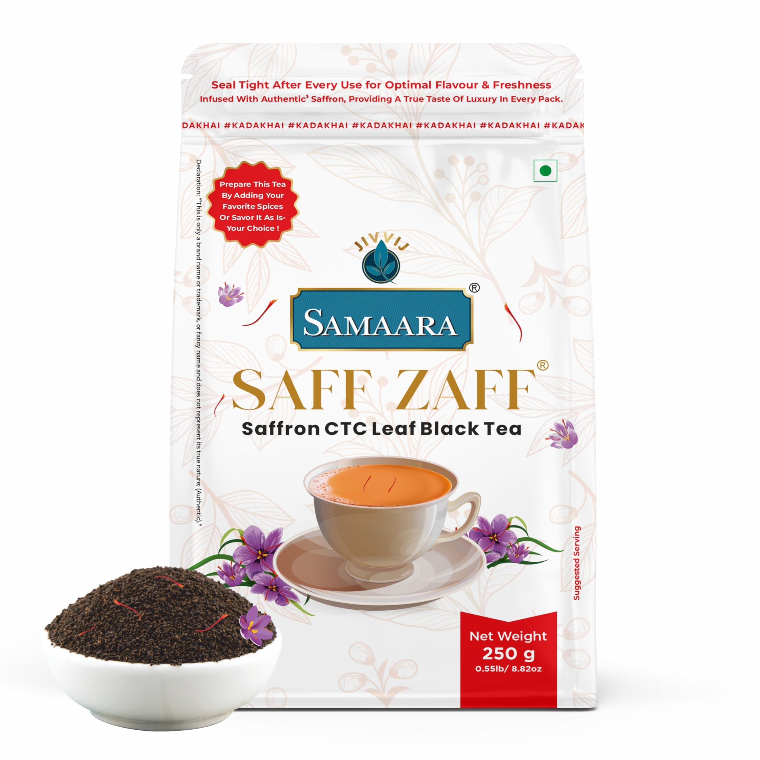 Saffron Tea 250gm | Flavoured CTC Assam Black Leaf Tea | Kesar Chai Patti Powder | Saff Zaff Pouch