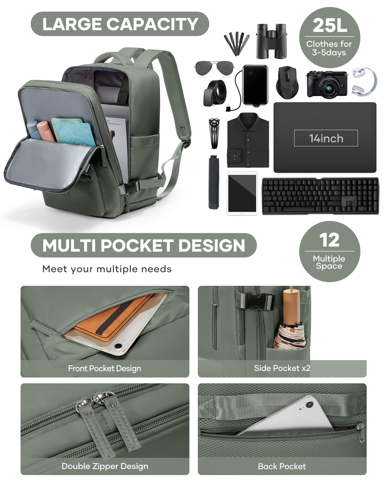 Borse da Cabina per Ryanair 40x20x25 Bagaglio a Mano Zaino Borsa Zaino da Viaggio, Zaino da trekking,da uomo, zaino casual per laptop da 14 pollici per scuola con porta di USB