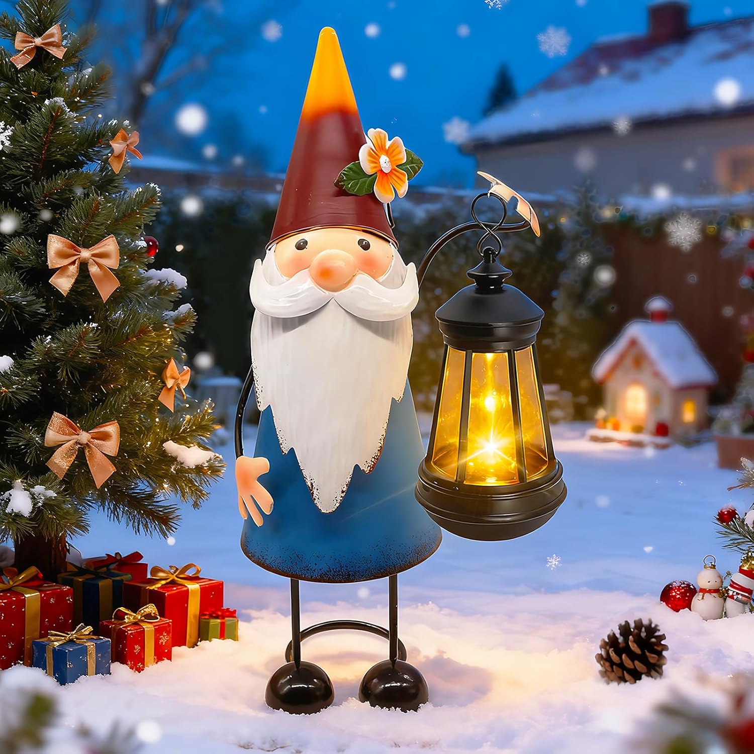 Solar Garden Gnome Statue with Lights,14.56in Tall Solar Gnome Garden Sculptures, Birthday Gift for Woman Grandma Big Metal Decorative for Outdoor Patio Porch Ornaments Lawn Yard Balcony