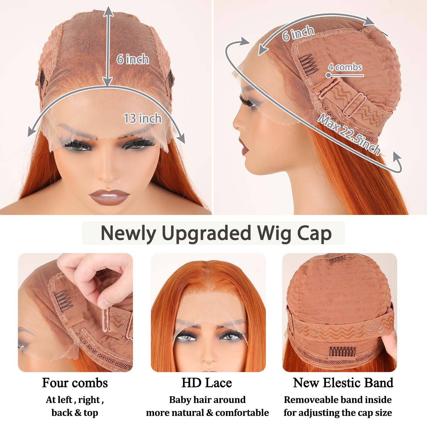 SOKU 13x6 Ginger Lace Front Wigs Pre Plucked,32 Inch Long Straight Synthetic Hair Wig,HD Transparent Lace Glueless Wigs,Free Part Orange Silky Straight Wig for Fashion Women