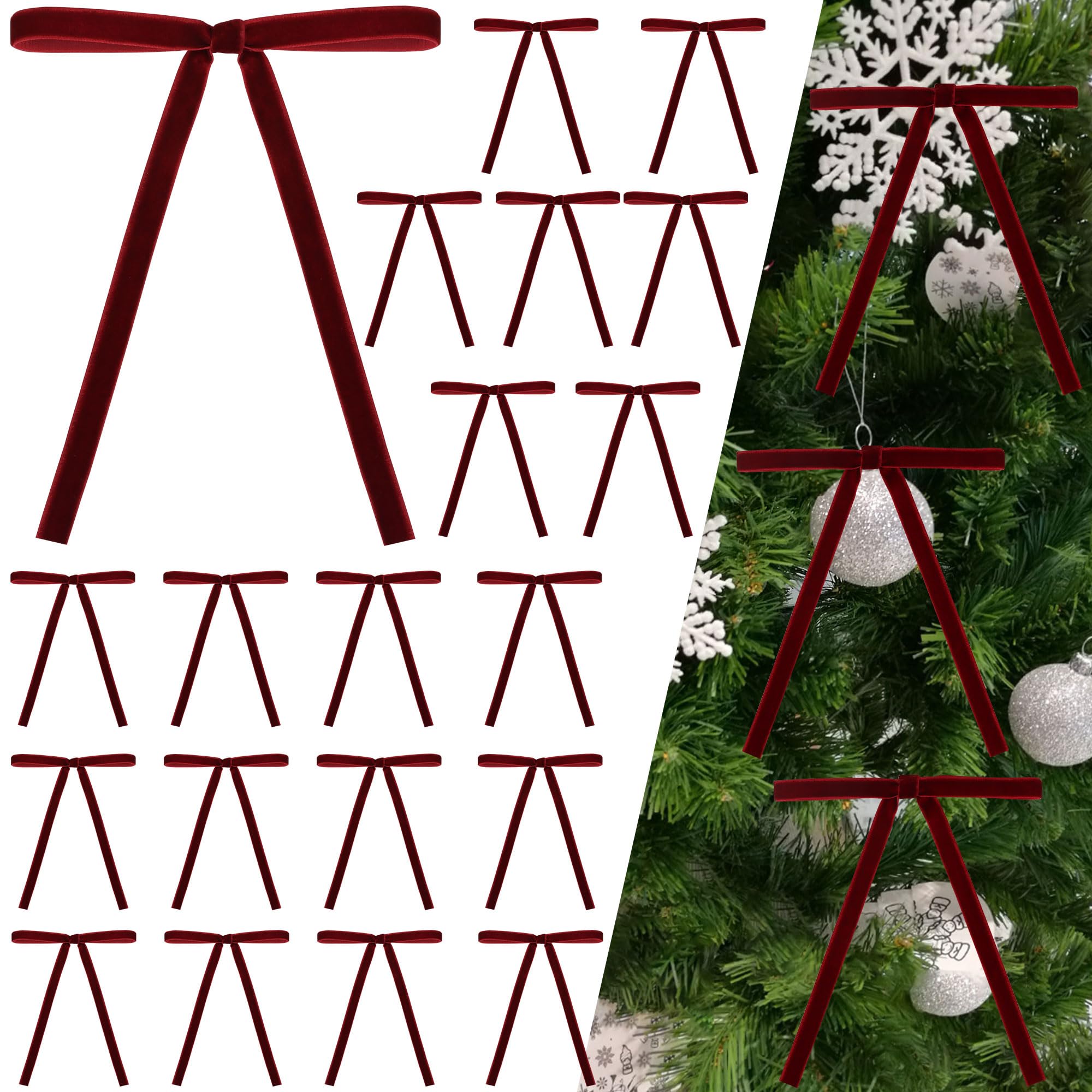 Manjonzic Burgundy 24Pcs Velvet Ribbon Bows For Christmas Tree - Vintage Decor, Door Garland, Wreath Decorations, Home & Wedding Decoration - Clear Twist Tie, 5X7 Inch, 3/8'' Width