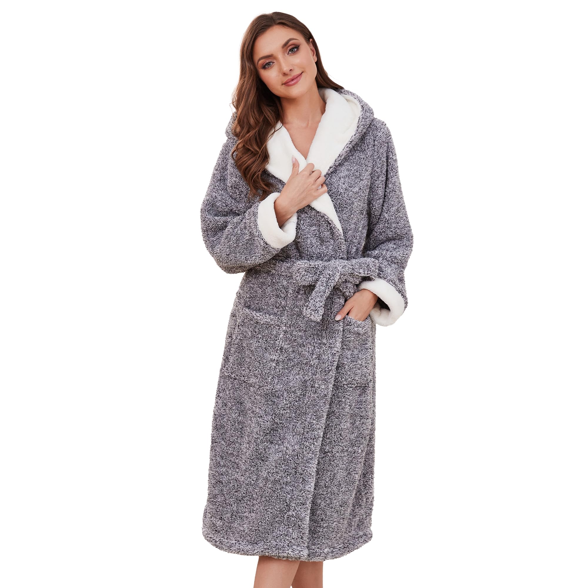 HEARTNICE Womens Hooded Plush Robes Soft Warm Long Bathrobe for Women Fluffy Winter Loungewear