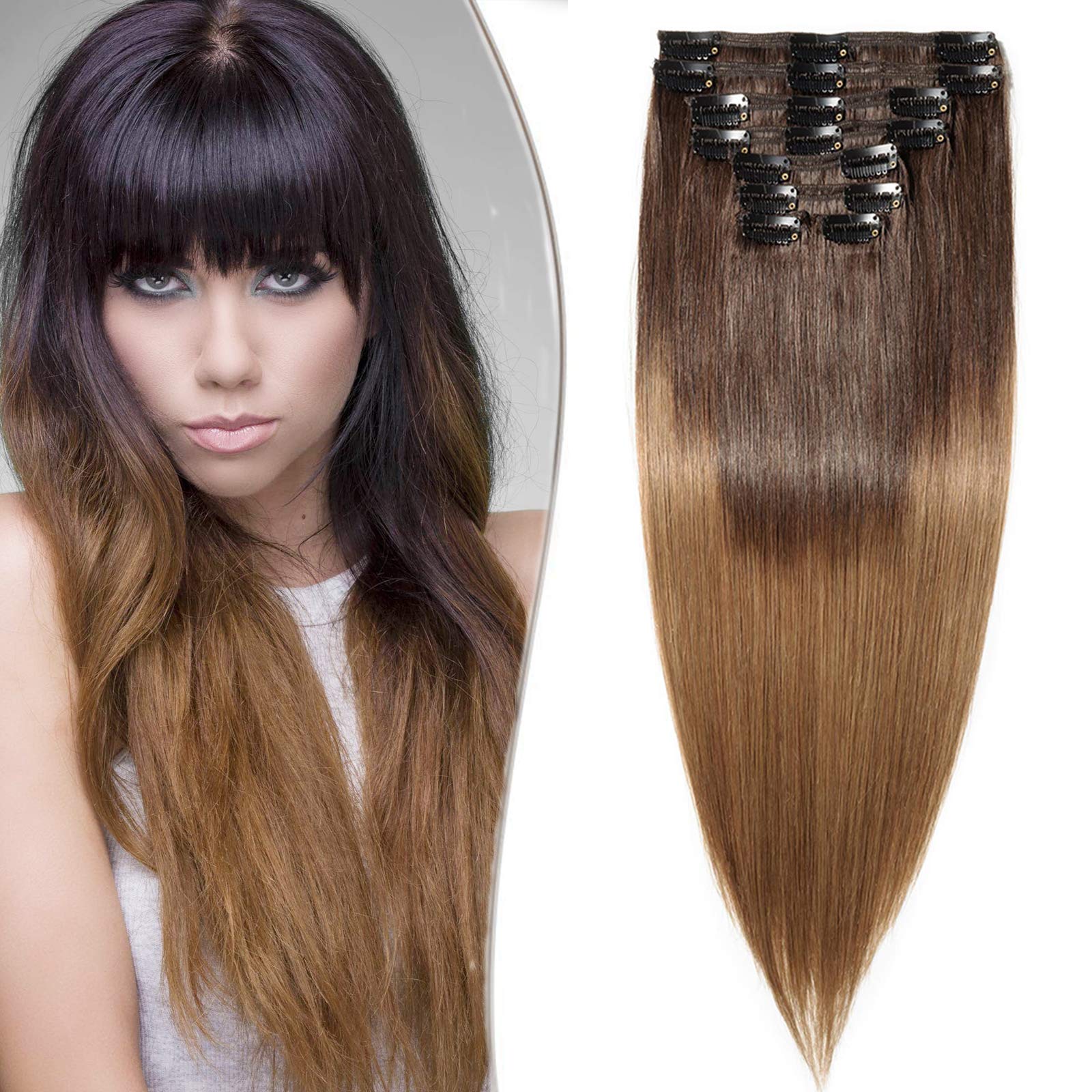 18"(45cm) SEGO Extensiones de Clip de Pelo Natural Double Weft [GRUESA] #2T6 Castaño Oscuro ombre Castaño Claro 100% Remy Cabello Humano 8PCS Liso (140g)