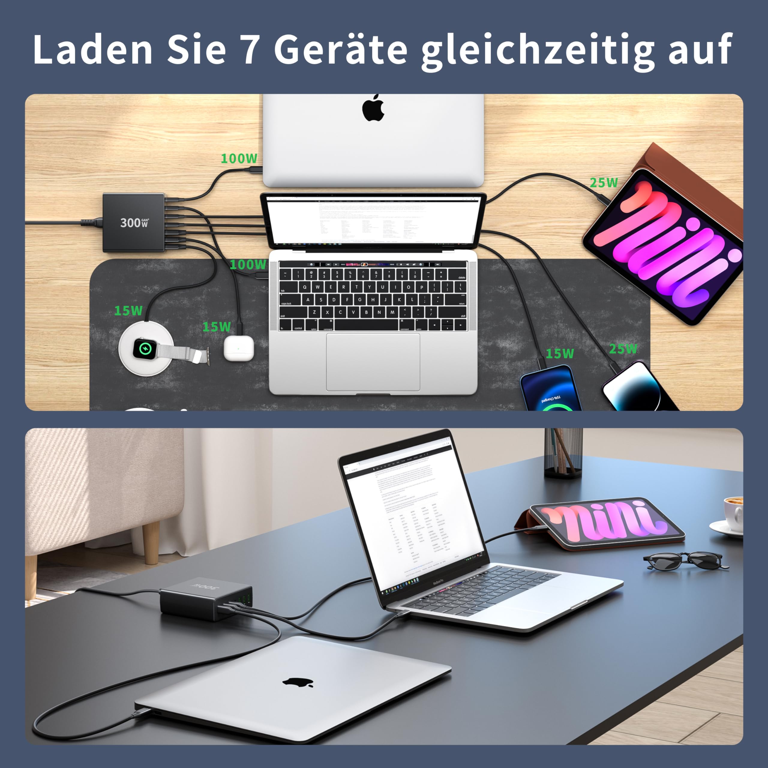 FINIBO Chargeur USB-C 300W Multiple 7 Ports (4 USB-C, 3 USB-A) avec PPS Dual-PD pour MacBook Pro/Air, iPad Pro/Air, Samsung