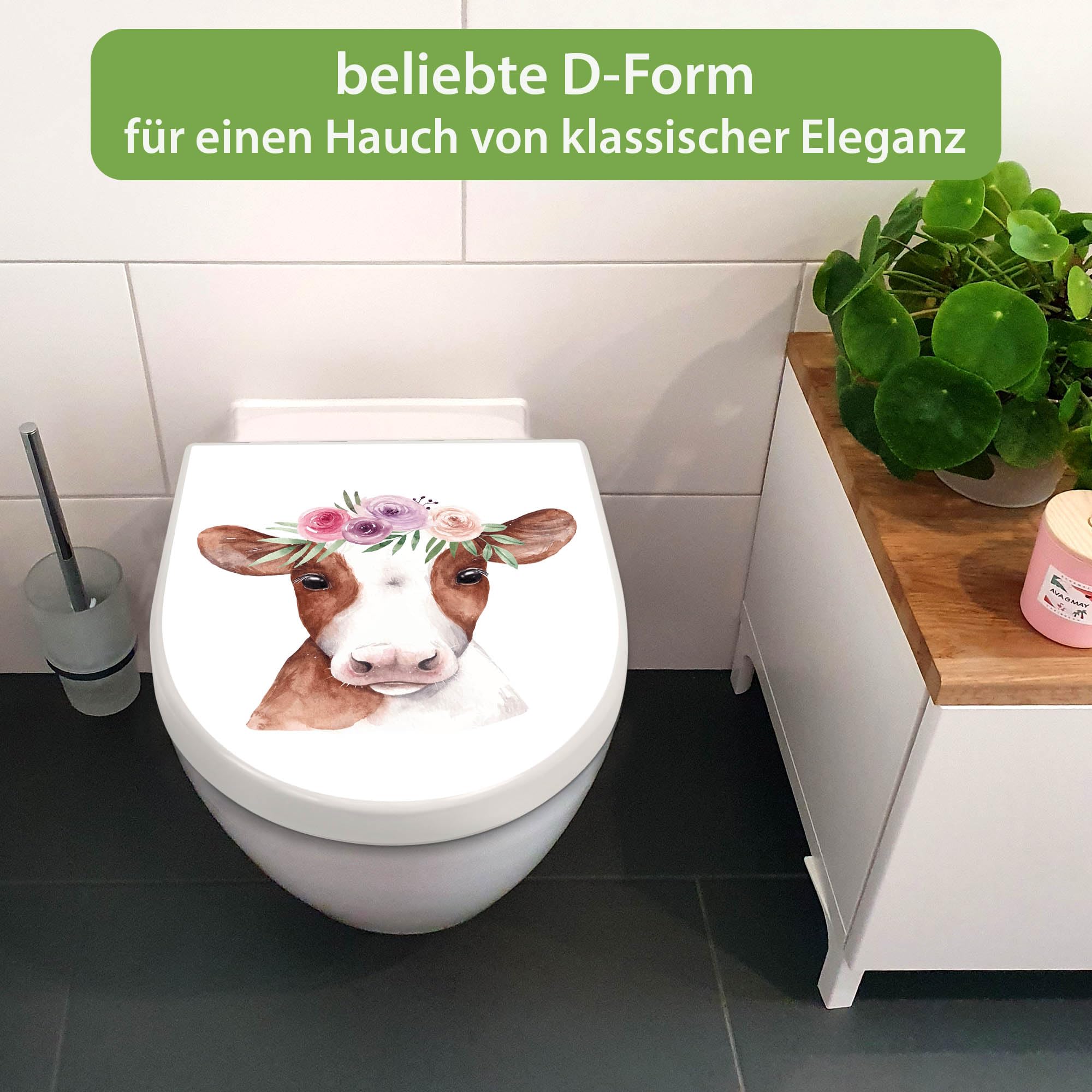 banjado WC Sitz mit Absenkautomatik D Form - Toilettendeckel mit Absenkautomatik D Form - Klodeckel Softclose - stabile Klobrille - Toilettensitz Weiß - Motiv Kuh mit Blumenkrone