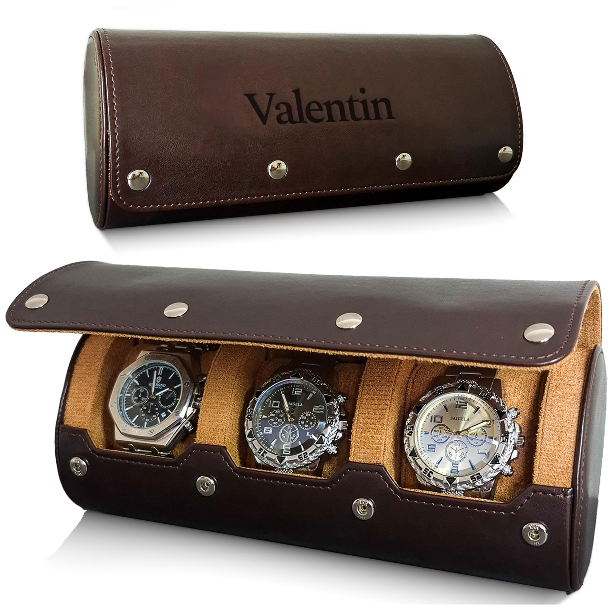 BS Boîte à Montres Homme à 3 Emplacements, Coffret Montres de voyage, Portable, Léger & Résitant, Support Étui Montres en Cuir Végan - Cadeau Homme Personnalisé (MARRON)